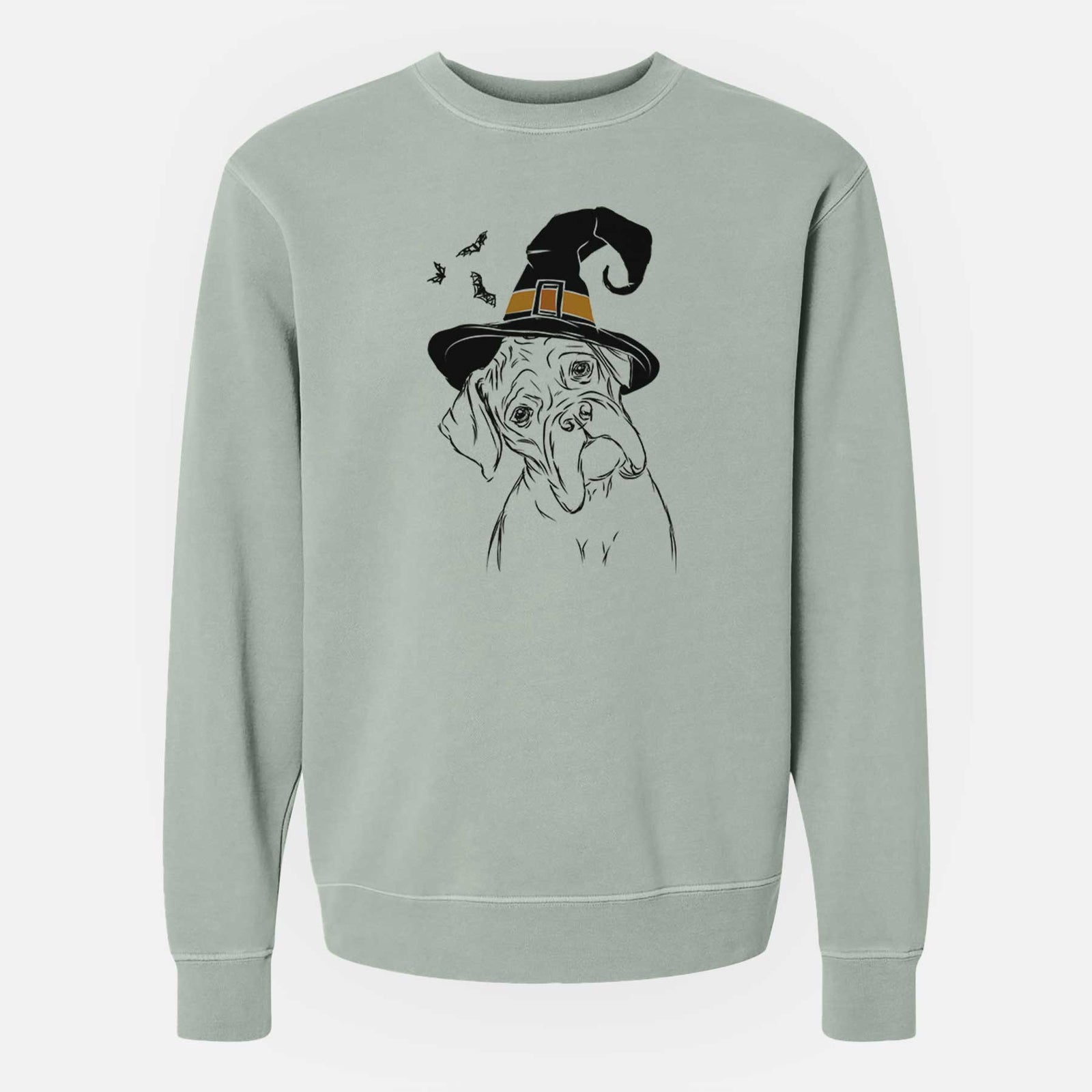 Hand-drawn sketch of Cooper the Boxer wearing a witch hat on a Sage Unisex pigment dyed crew sweatshirt