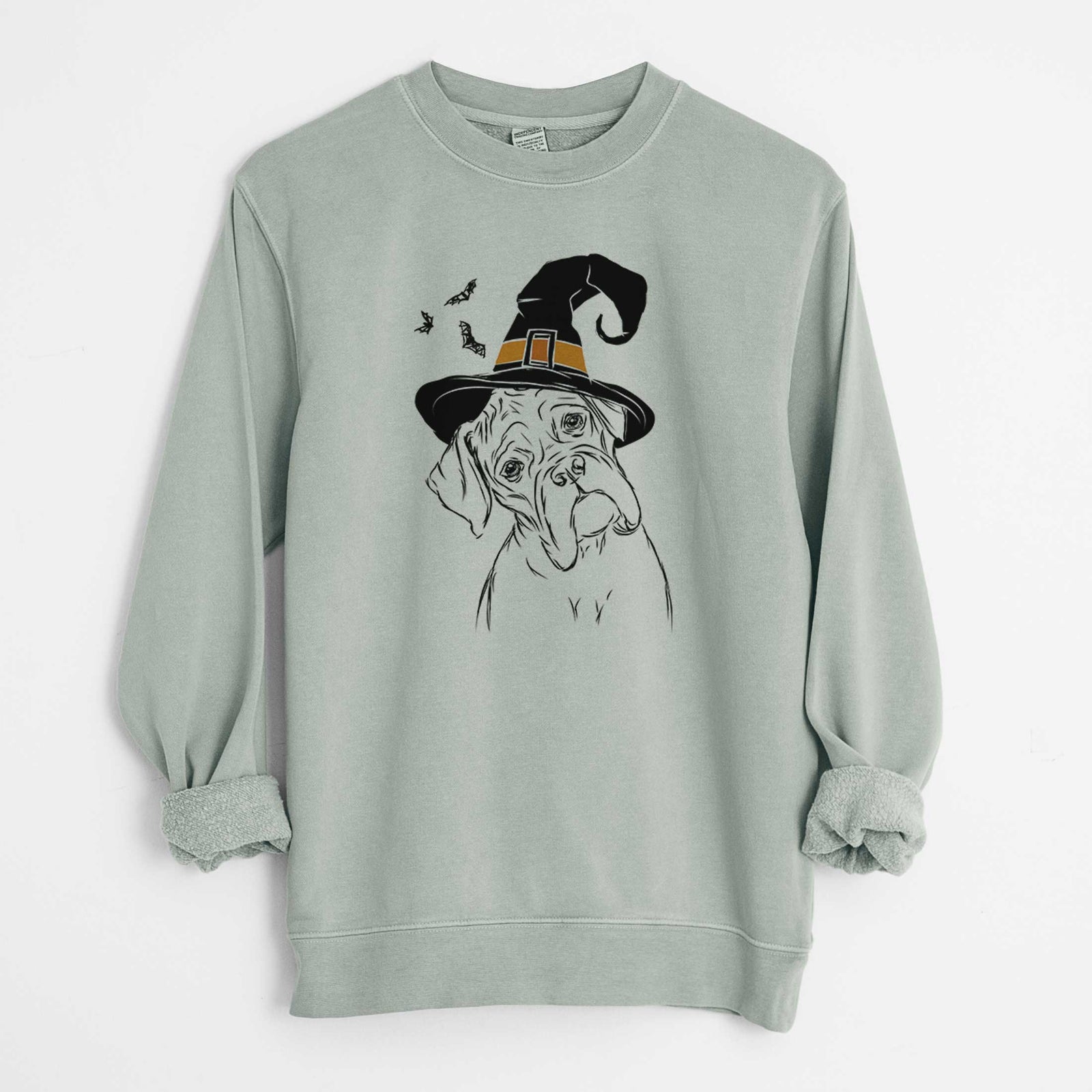 Hand-drawn sketch of Cooper the Boxer wearing a witch hat on a Sage Unisex pigment dyed crew sweatshirt