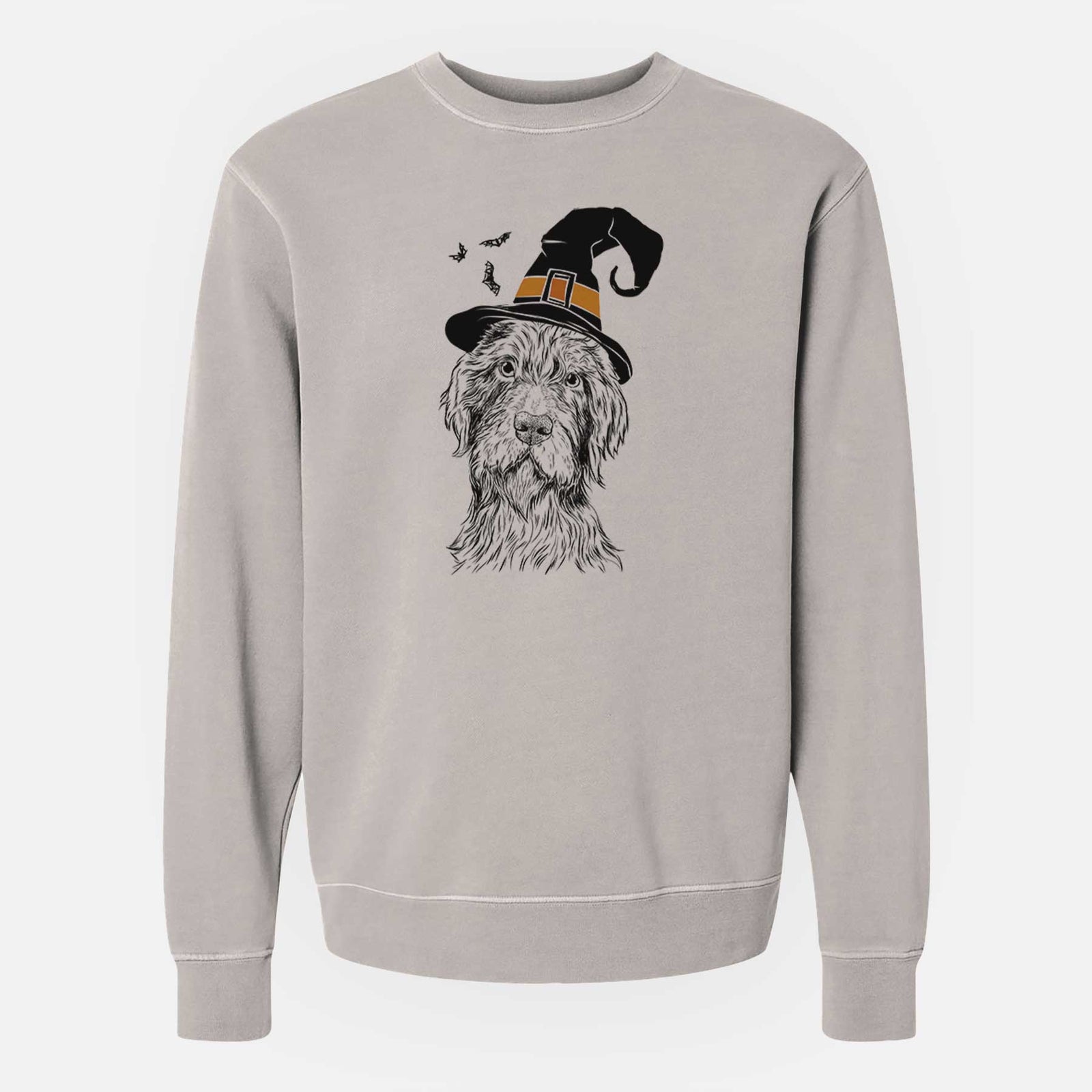 Hand-drawn sketch of Doc Holliday the Pudelpointer wearing a witch hat on a Cement Unisex pigment dyed crew sweatshirt