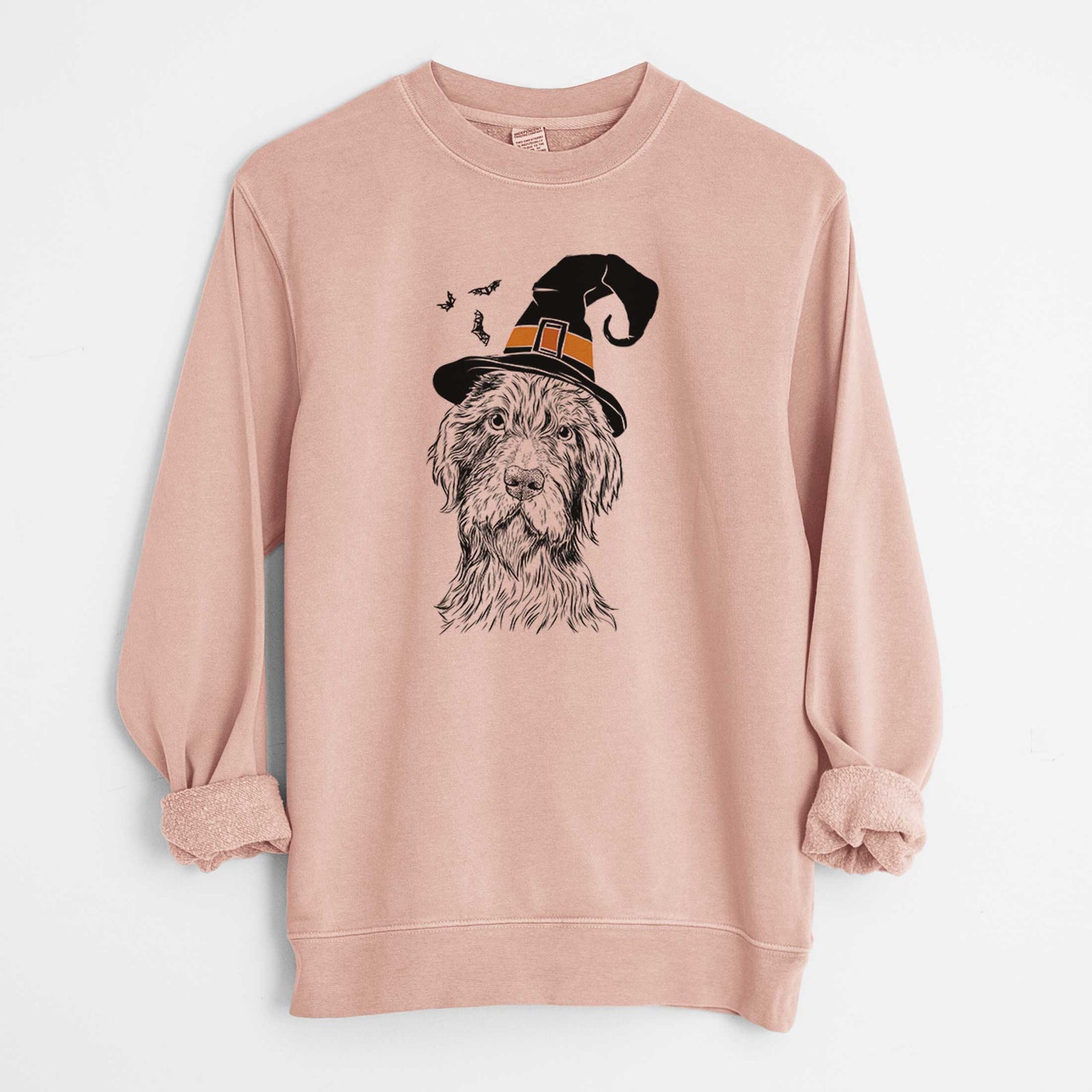 Hand-drawn sketch of Doc Holliday the Pudelpointer wearing a witch hat on a Dusty Pink Unisex pigment dyed crew sweatshirt