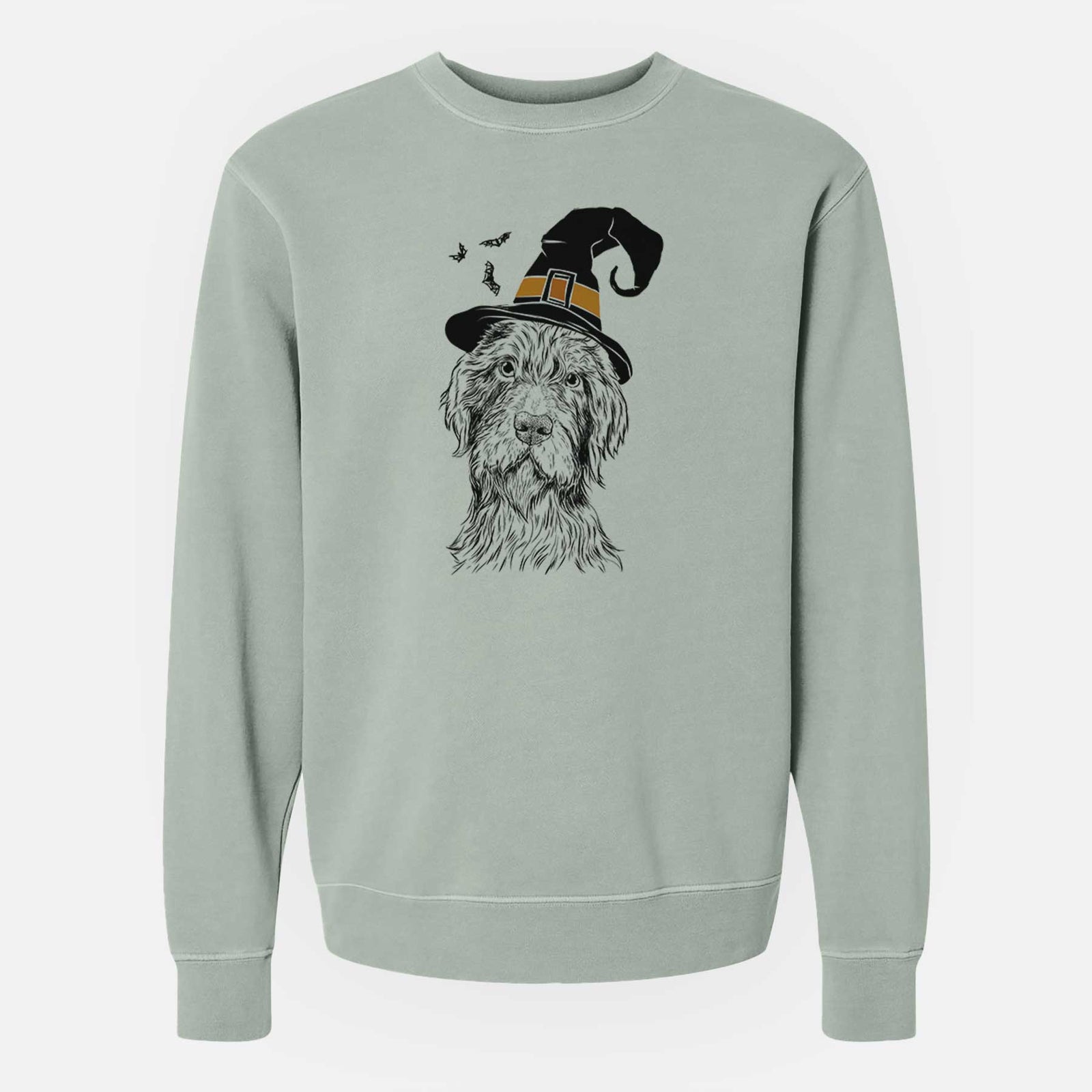 Hand-drawn sketch of Doc Holliday the Pudelpointer wearing a witch hat on a Sage Unisex pigment dyed crew sweatshirt