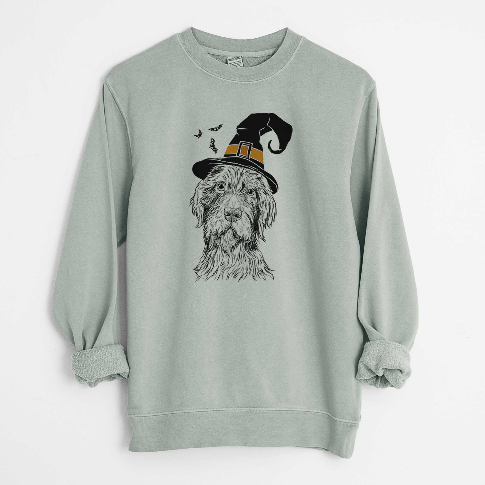 Hand-drawn sketch of Doc Holliday the Pudelpointer wearing a witch hat on a Sage Unisex pigment dyed crew sweatshirt