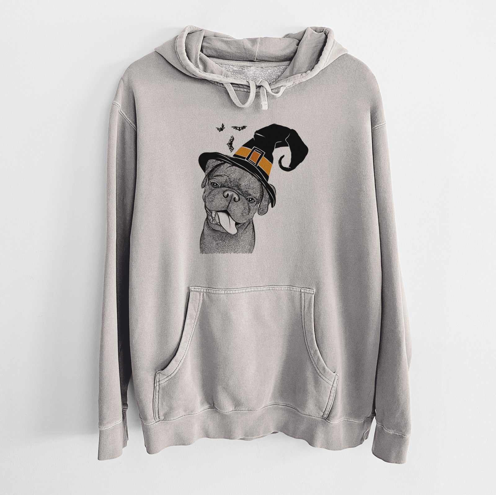 Hand-drawn sketch of Dudley Danger the Pug wearing a witch hat on a Cement Unisex pigment dyed hoodie
