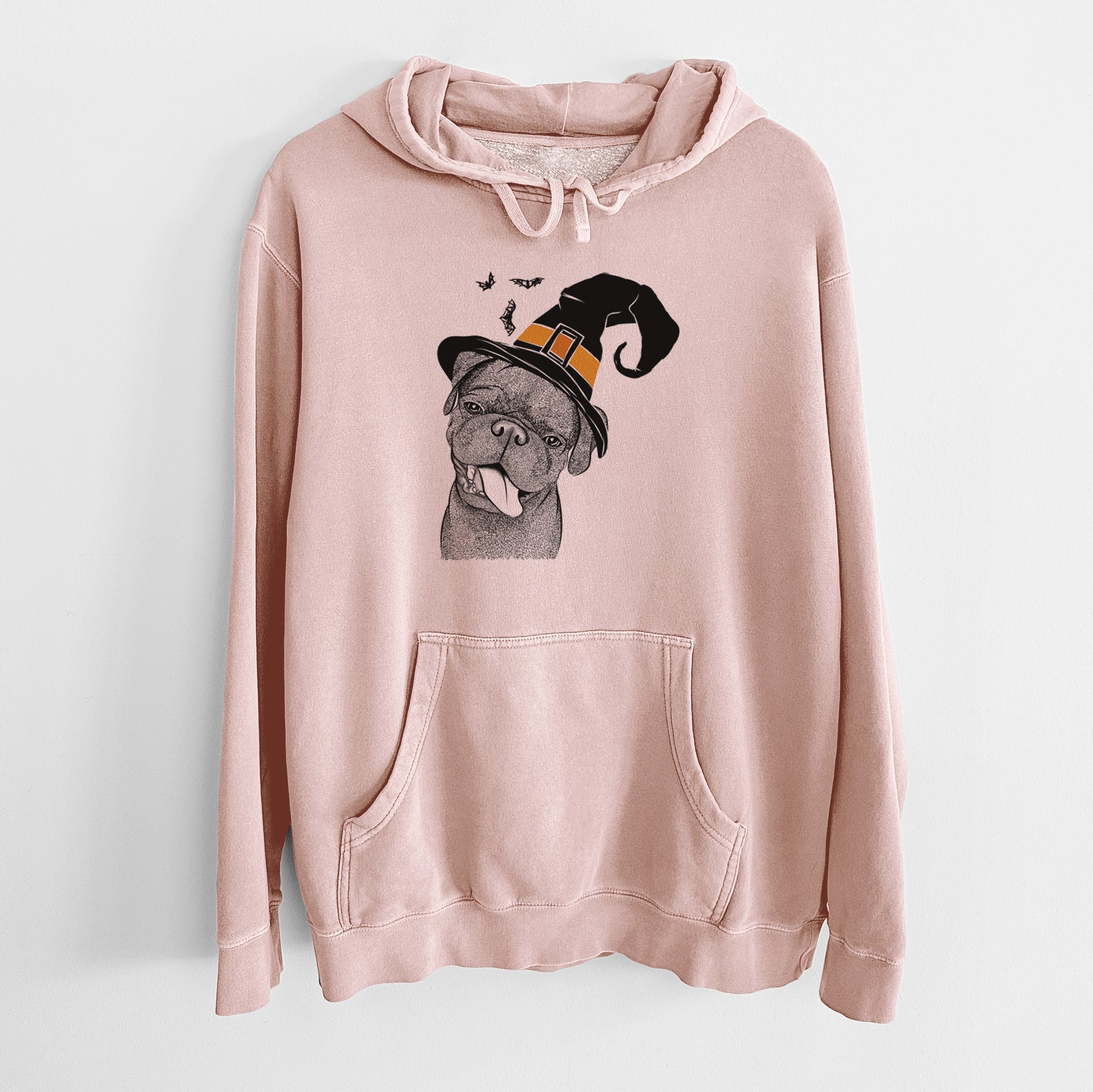 Hand-drawn sketch of Dudley Danger the Pug wearing a witch hat on a Dusty Pink Unisex pigment dyed hoodie