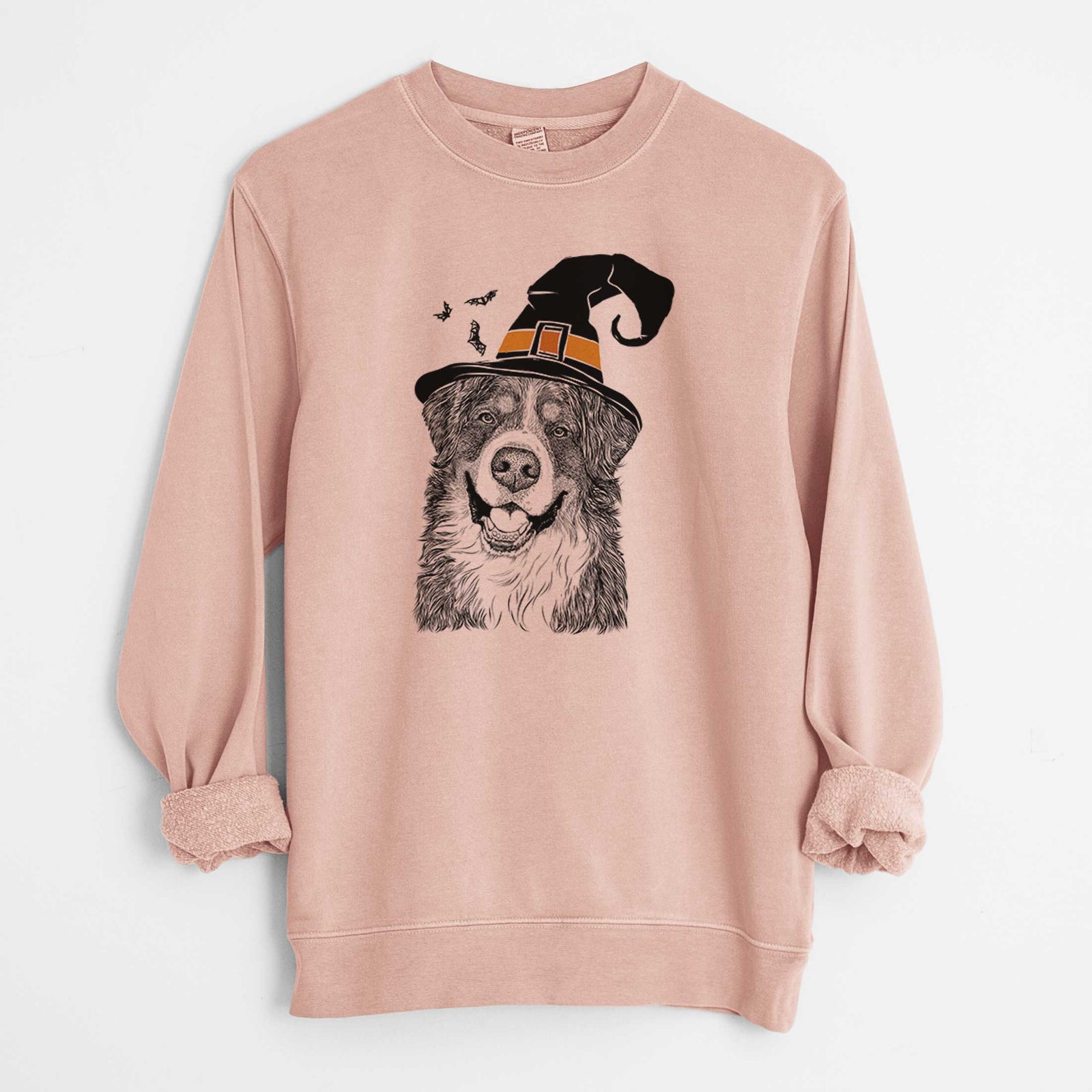 Hand-drawn sketch of Eiger the Bernese Mountain Dog wearing a witch hat on a Dusty Pink Unisex pigment dyed crew sweatshirt