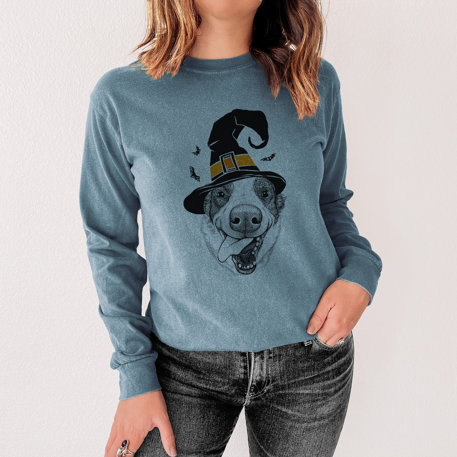 Witch Elwood the Border Collie - Men's Heavyweight 100% Cotton Long Sleeve