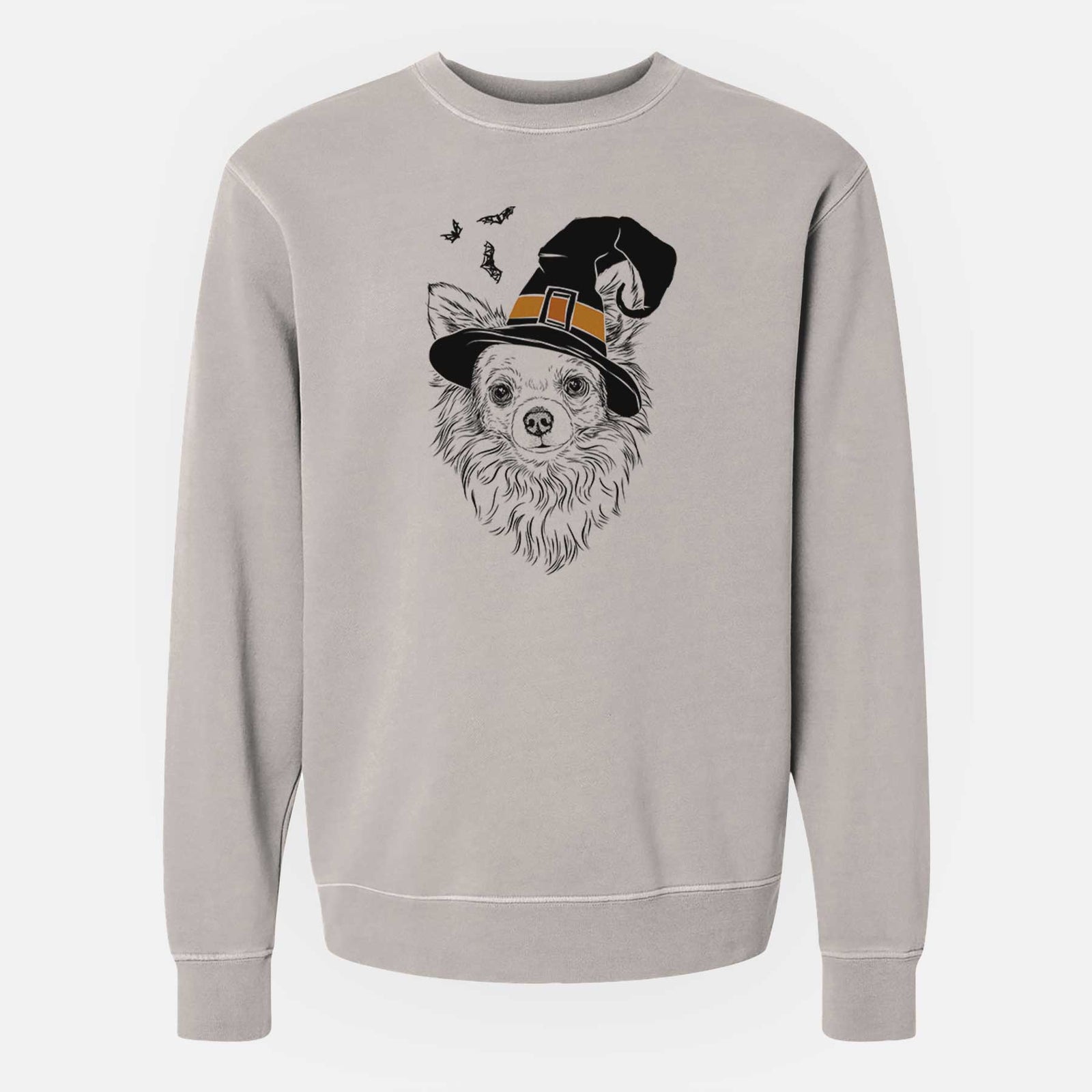Hand-drawn sketch of Emma the Longhaired Chihuahua wearing a witch hat on a Cement Unisex pigment dyed crew sweatshirt
