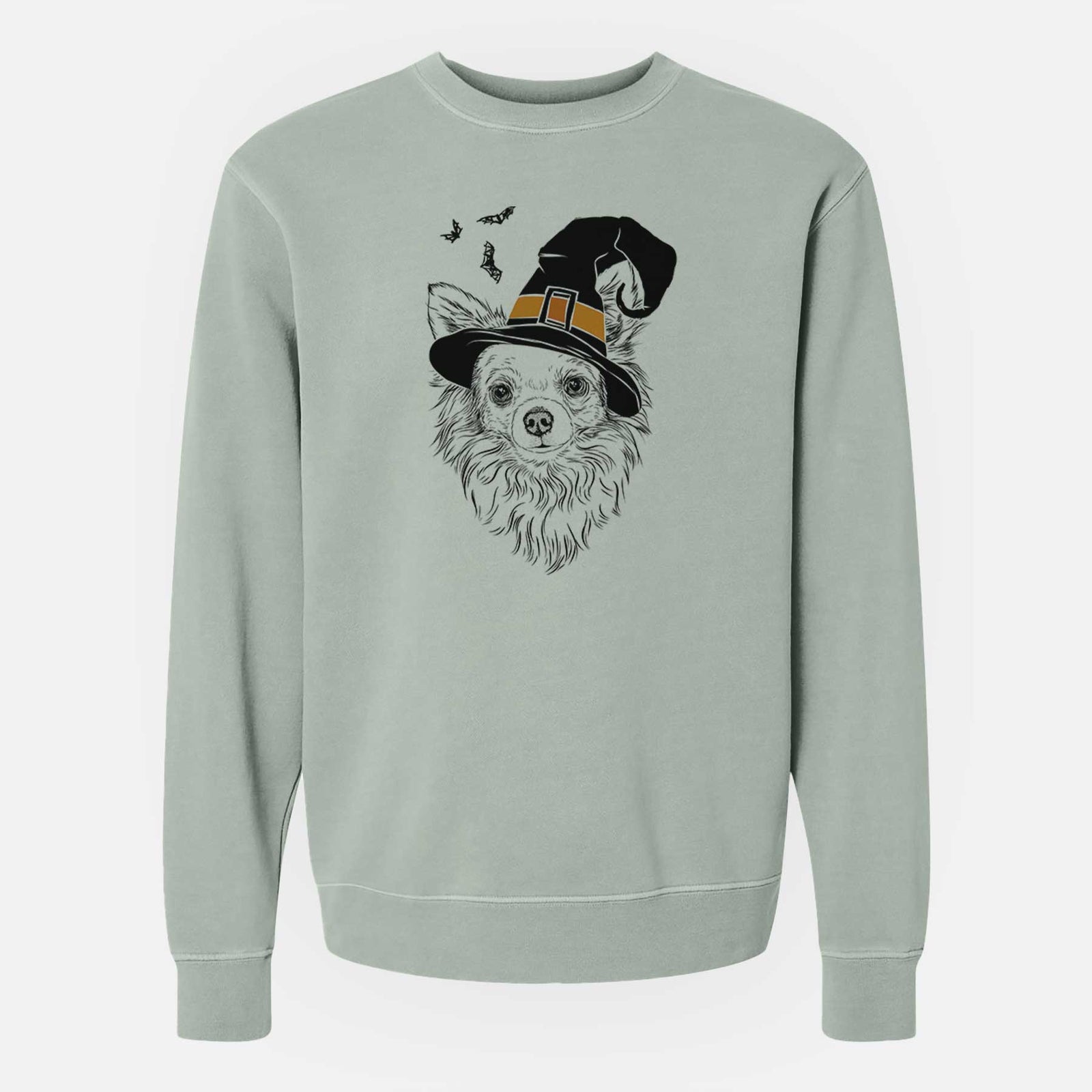 Hand-drawn sketch of Emma the Longhaired Chihuahua wearing a witch hat on a Sage Unisex pigment dyed crew sweatshirt