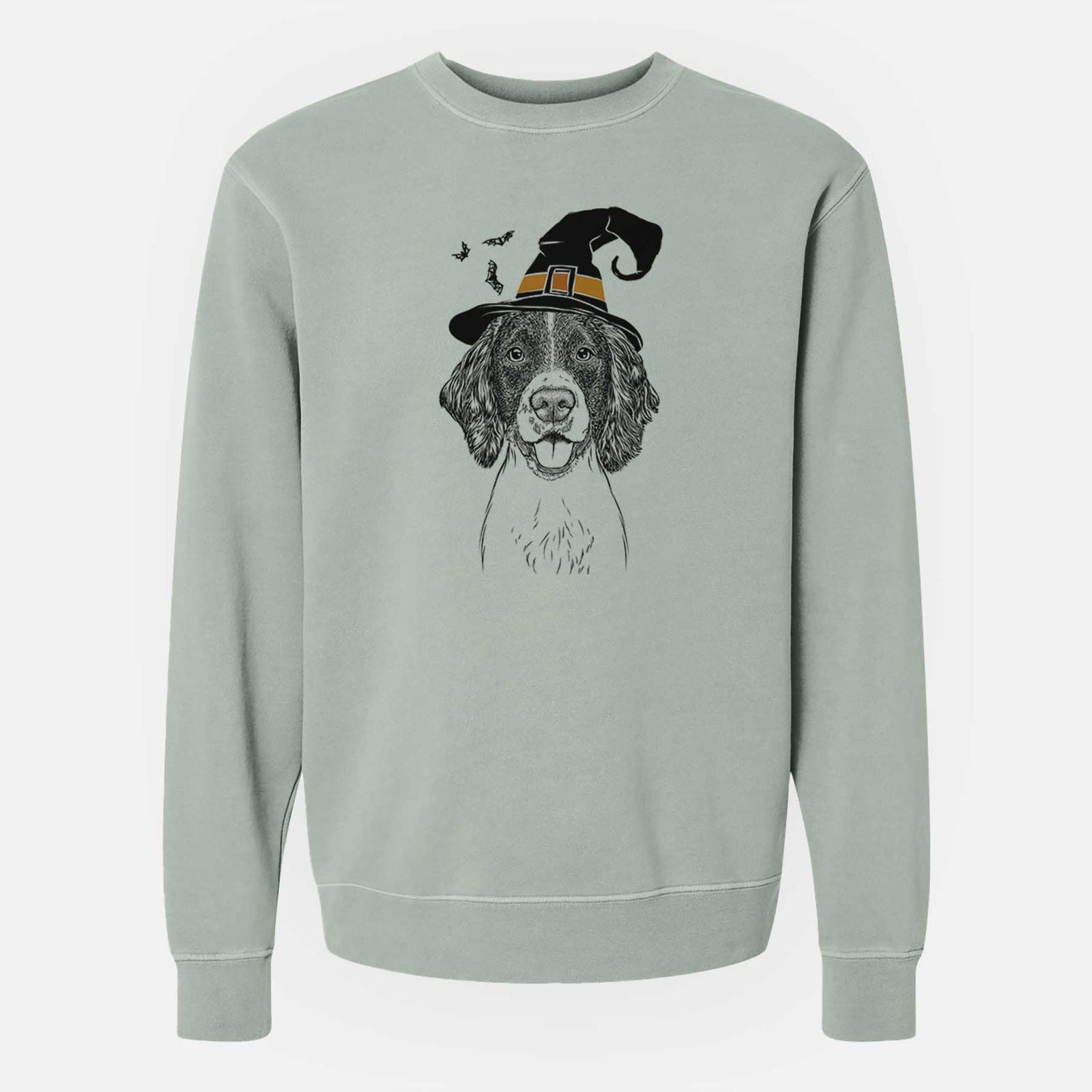 Hand-drawn sketch of Ever the English Springer Spaniel wearing a witch hat on a Sage Unisex pigment dyed crew sweatshirt