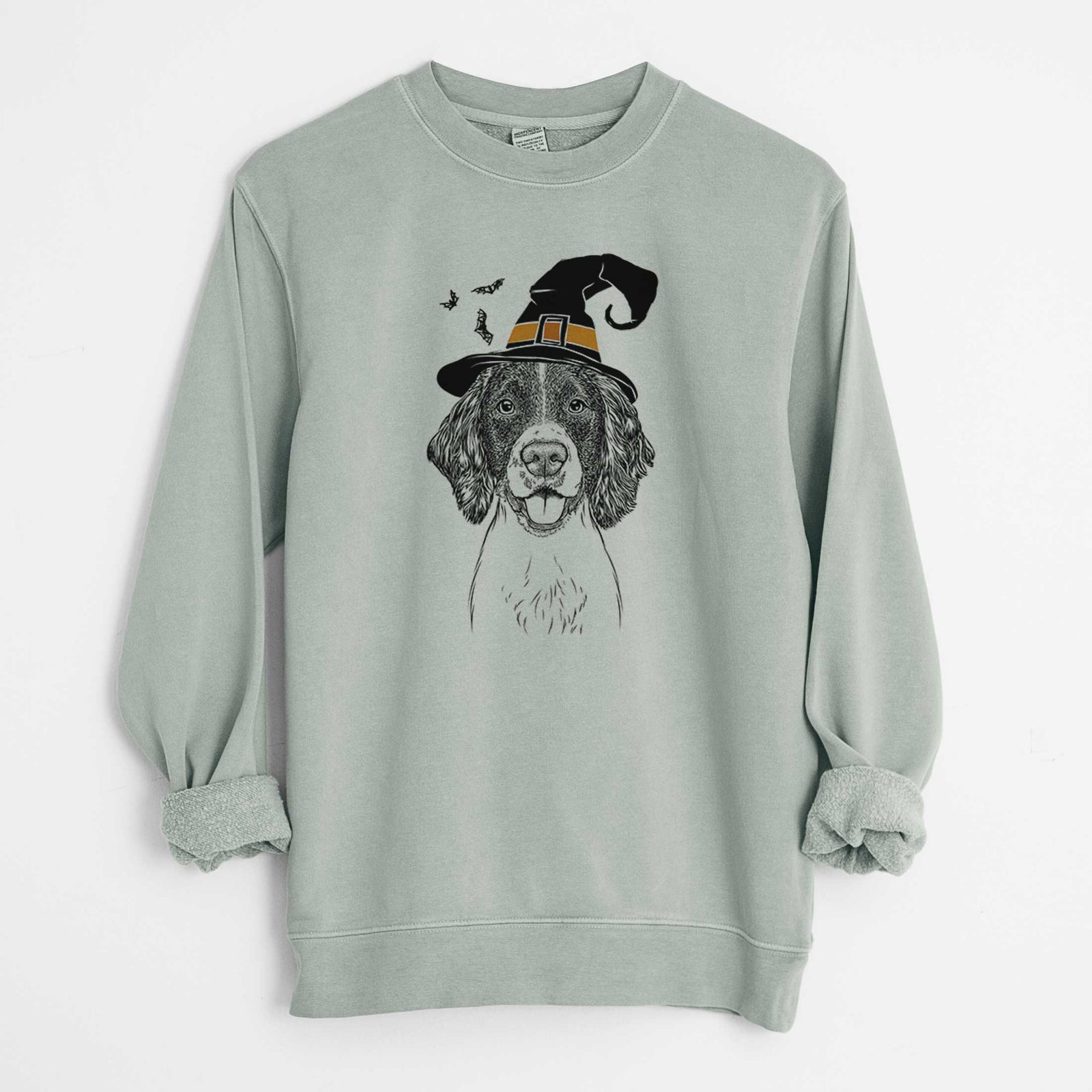 Hand-drawn sketch of Ever the English Springer Spaniel wearing a witch hat on a Sage Unisex pigment dyed crew sweatshirt