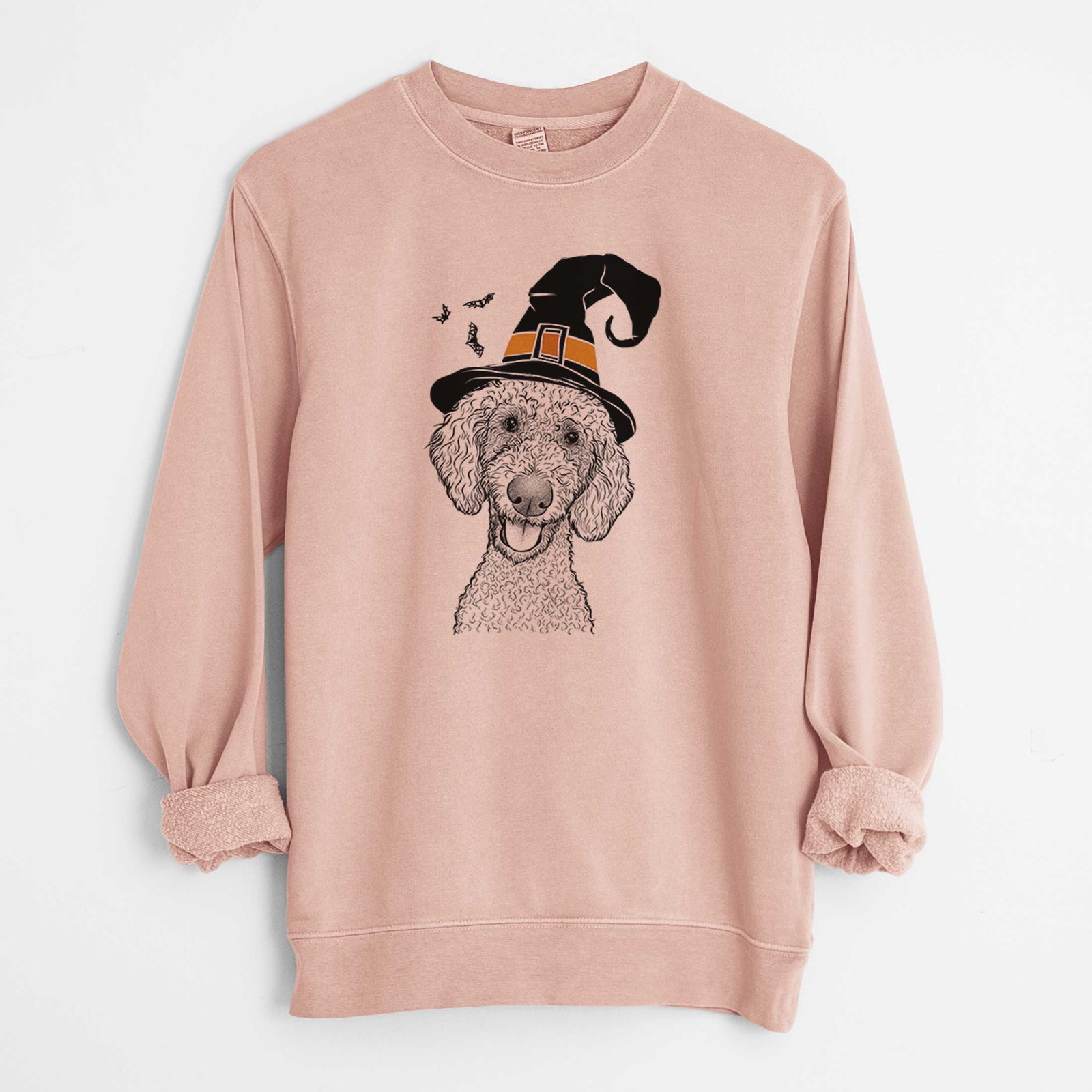 Hand-drawn sketch of Fenway the Goldendoodle wearing a witch hat on a Dusty Pink Unisex pigment dyed crew sweatshirt