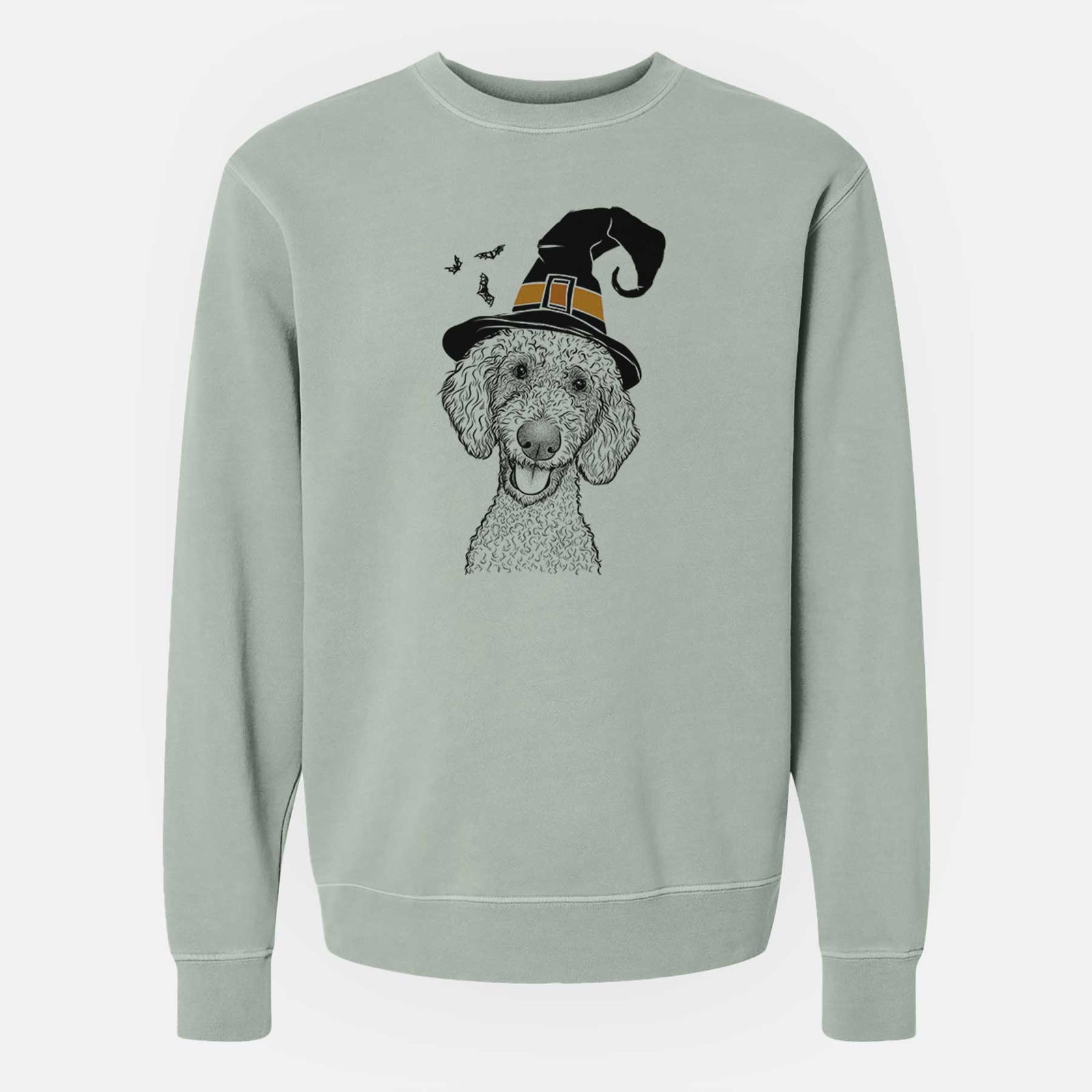 Hand-drawn sketch of Fenway the Goldendoodle wearing a witch hat on a Sage Unisex pigment dyed crew sweatshirt