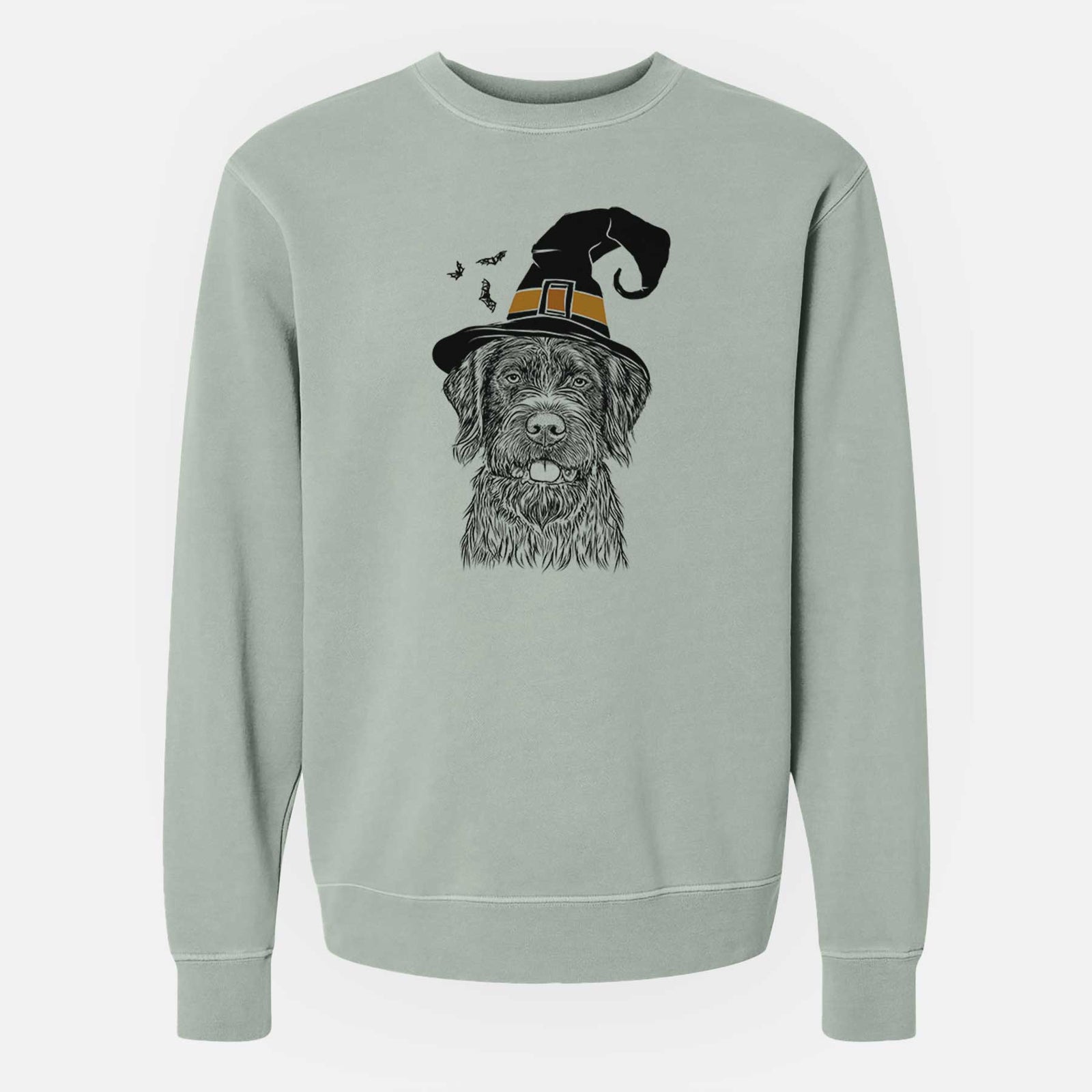 Hand-drawn sketch of Fletcher the Wirehaired Pointing Griffon wearing a witch hat on a Sage Unisex pigment dyed crew sweatshirt