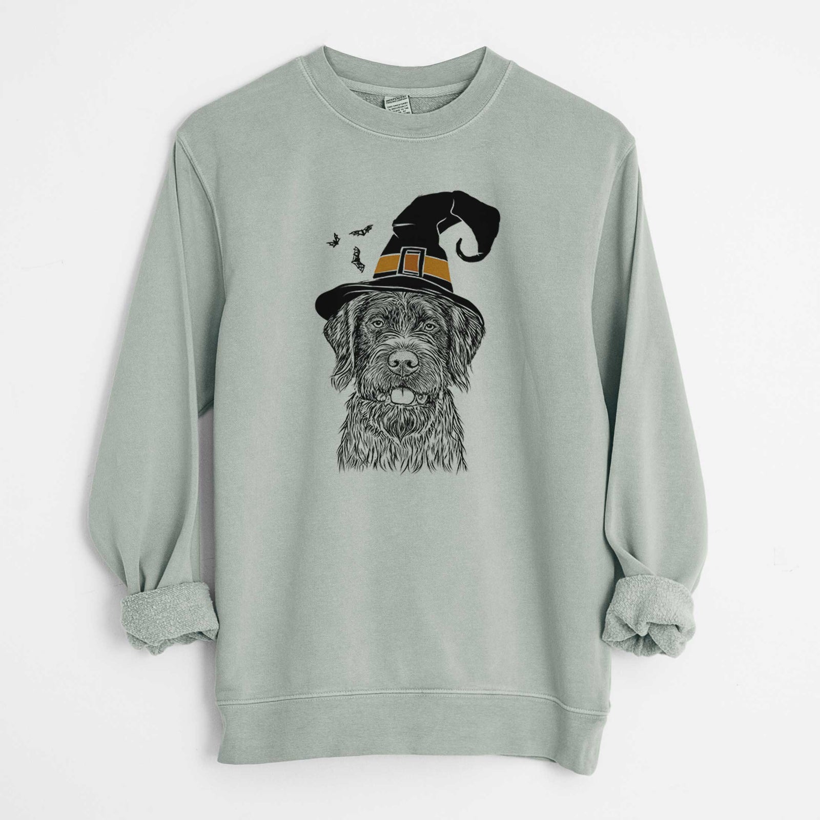 Hand-drawn sketch of Fletcher the Wirehaired Pointing Griffon wearing a witch hat on a Sage Unisex pigment dyed crew sweatshirt