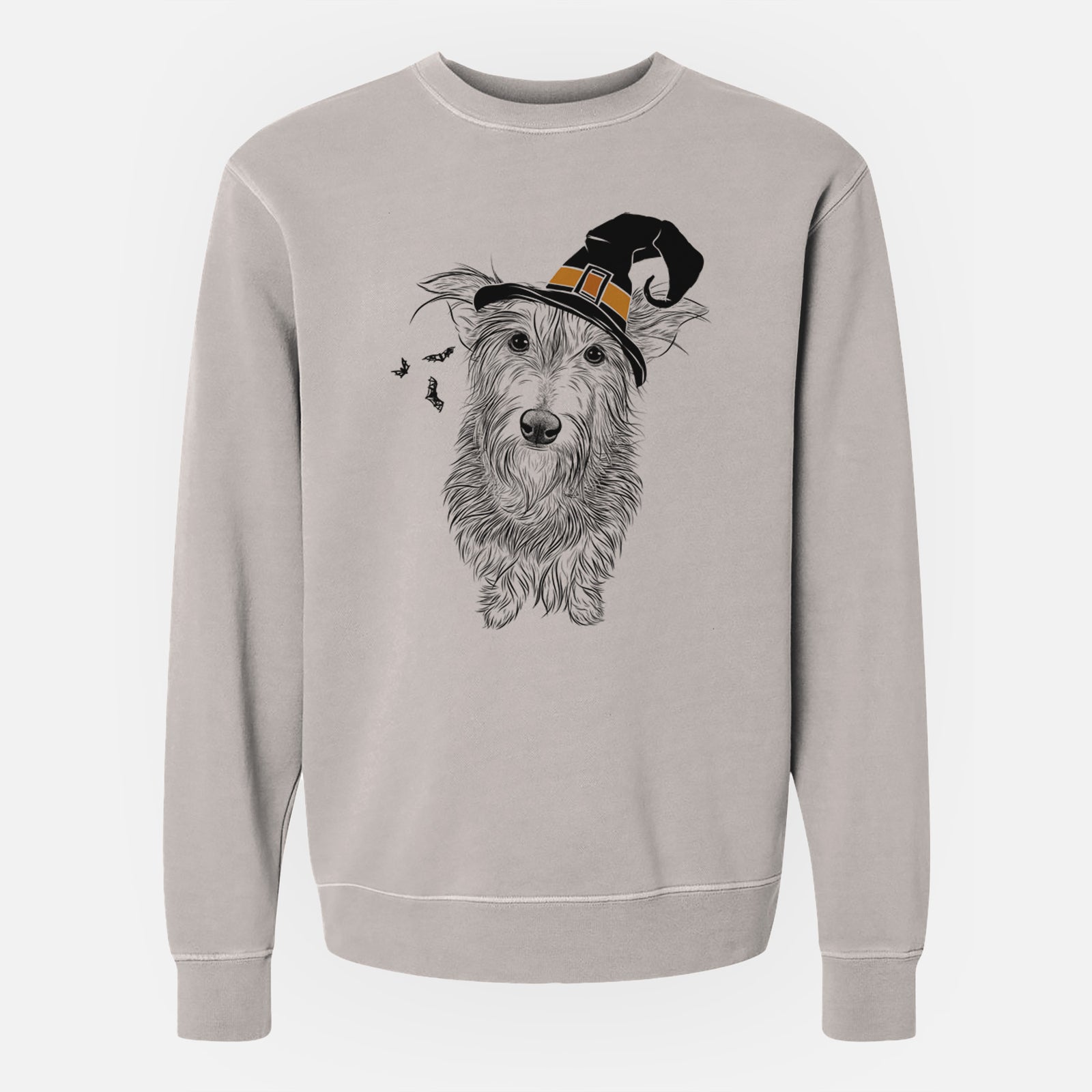 Hand-drawn sketch of Frida Doggo the Rescue Terrier Mix wearing a witch hat on a Cement Unisex pigment dyed crew sweatshirt