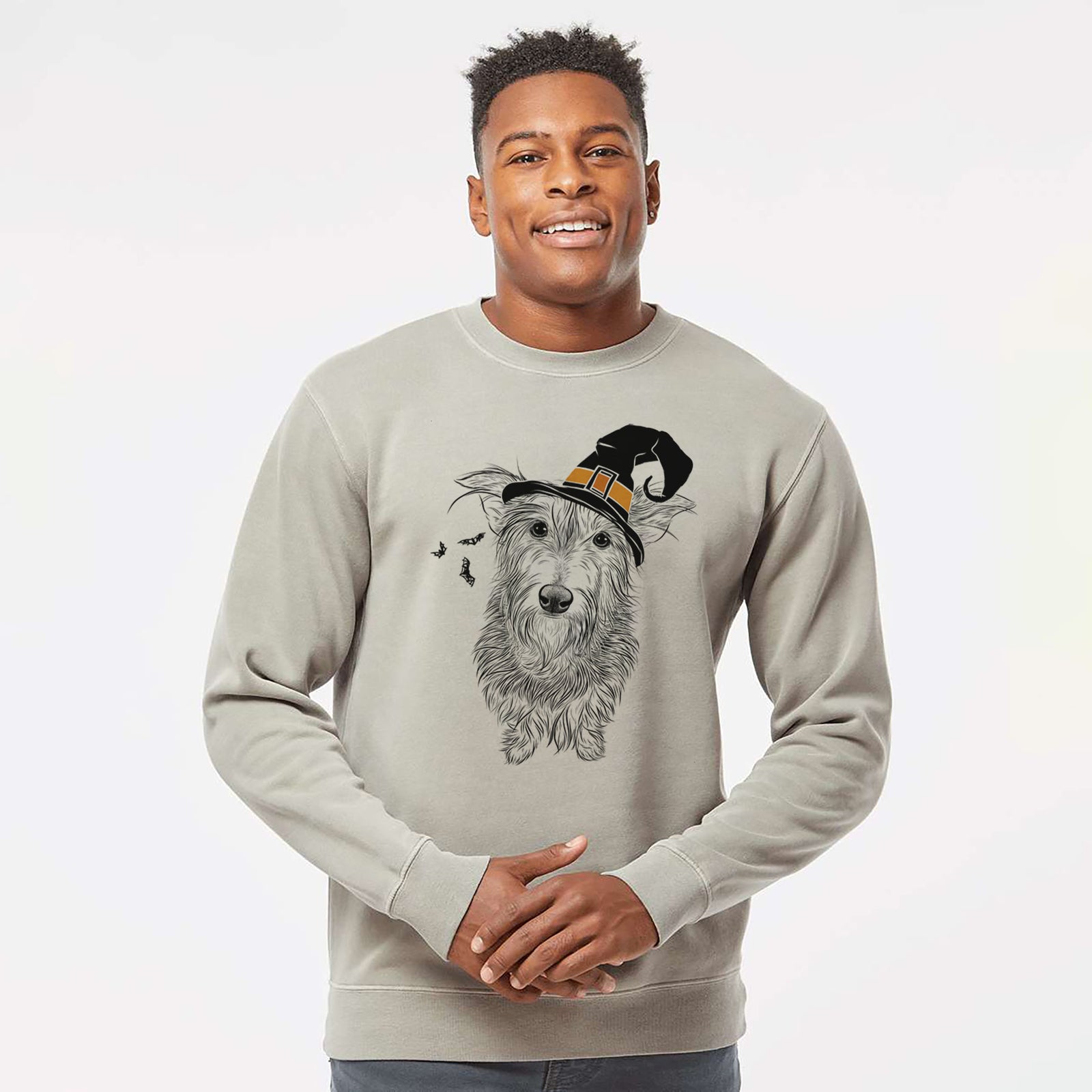 Hand-drawn sketch of Frida Doggo the Rescue Terrier Mix wearing a witch hat on a Cement Unisex pigment dyed crew sweatshirt