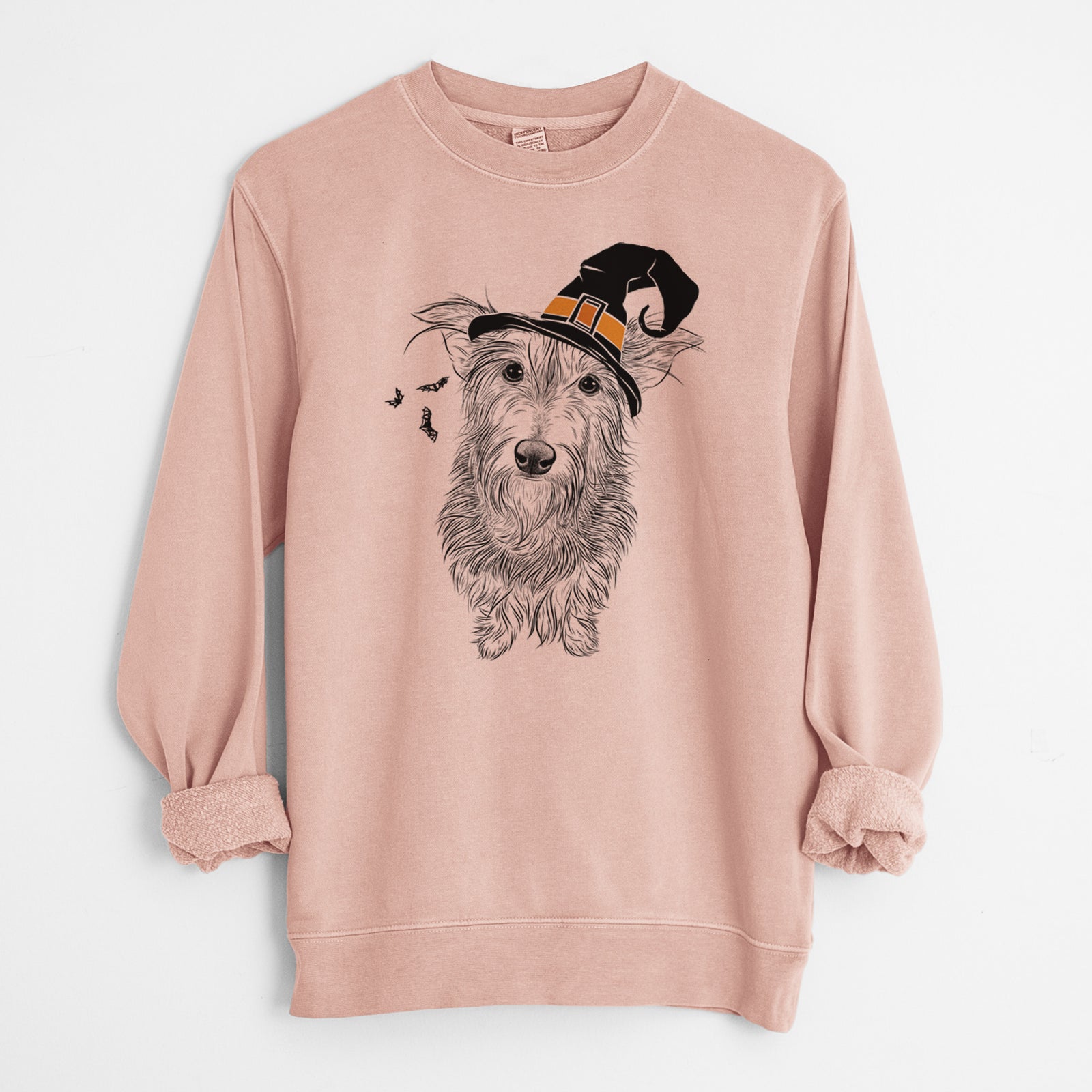 Hand-drawn sketch of Frida Doggo the Rescue Terrier Mix wearing a witch hat on a Dusty Pink Unisex pigment dyed crew sweatshirt