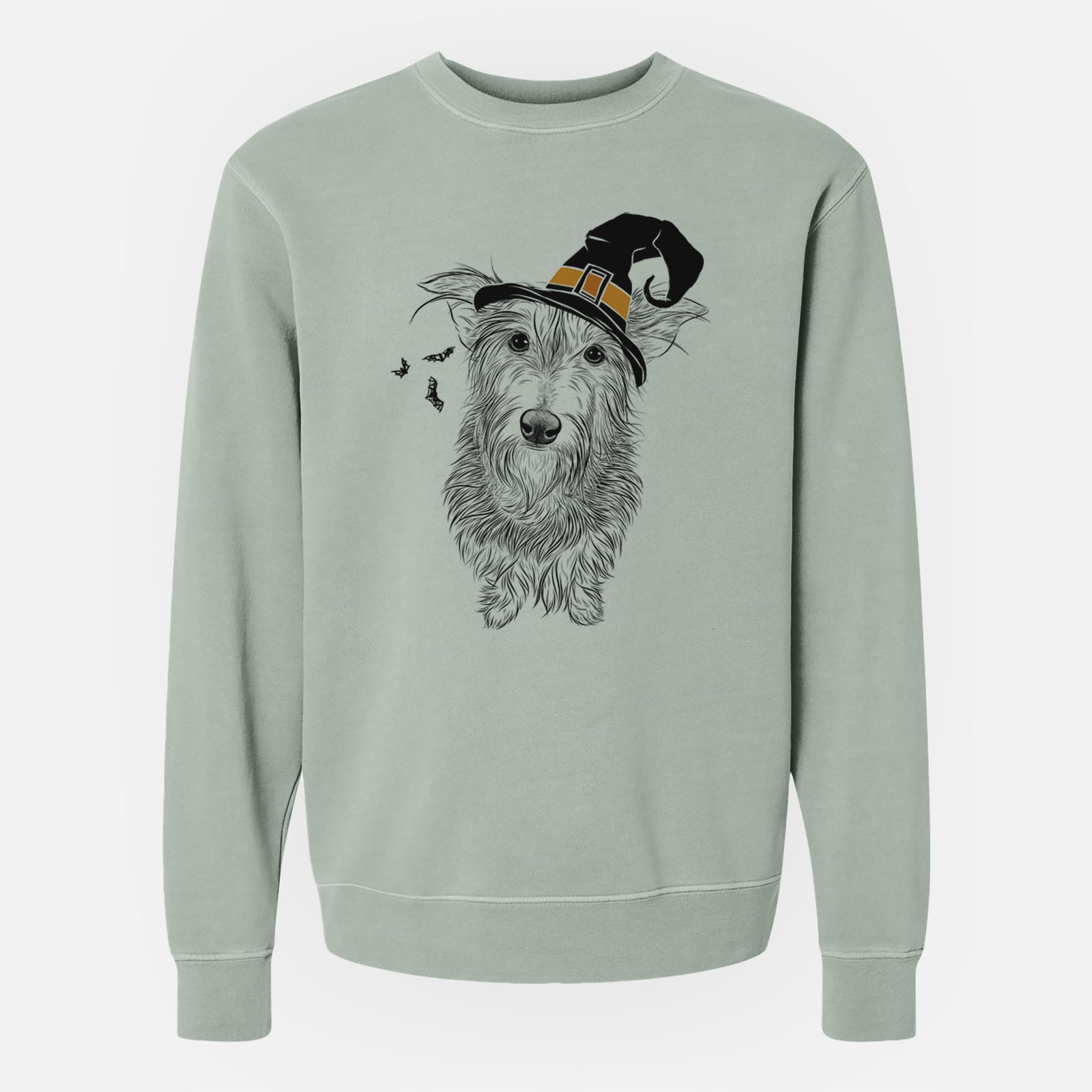Hand-drawn sketch of Frida Doggo the Rescue Terrier Mix wearing a witch hat on a Sage Unisex pigment dyed crew sweatshirt
