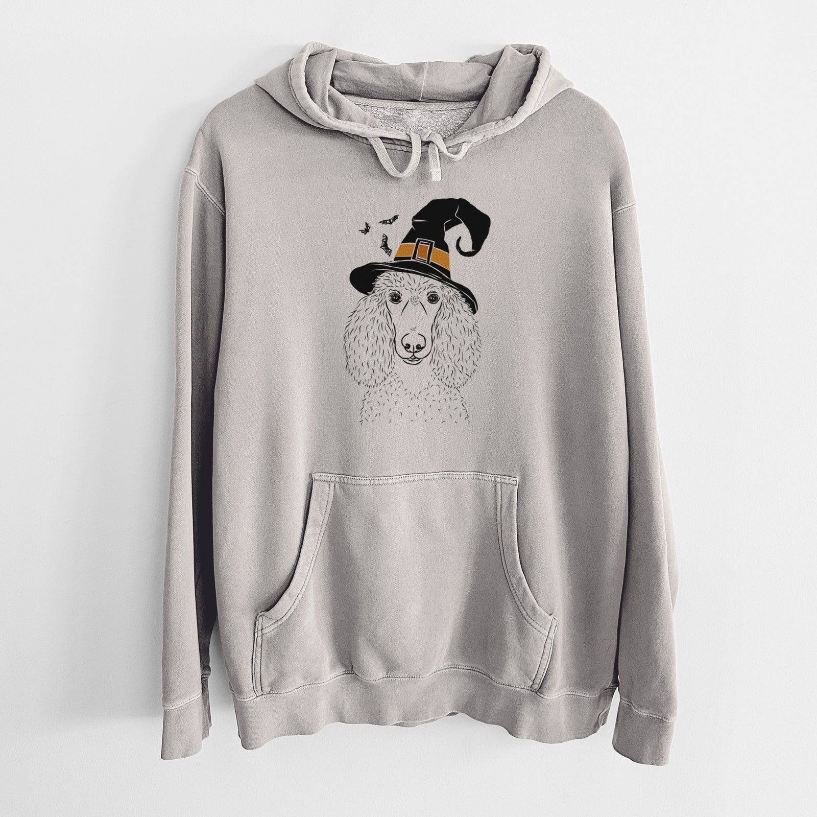 Hand-drawn sketch of Giovanni the Poodle wearing a witch hat on a Cement Unisex pigment dyed hoodie