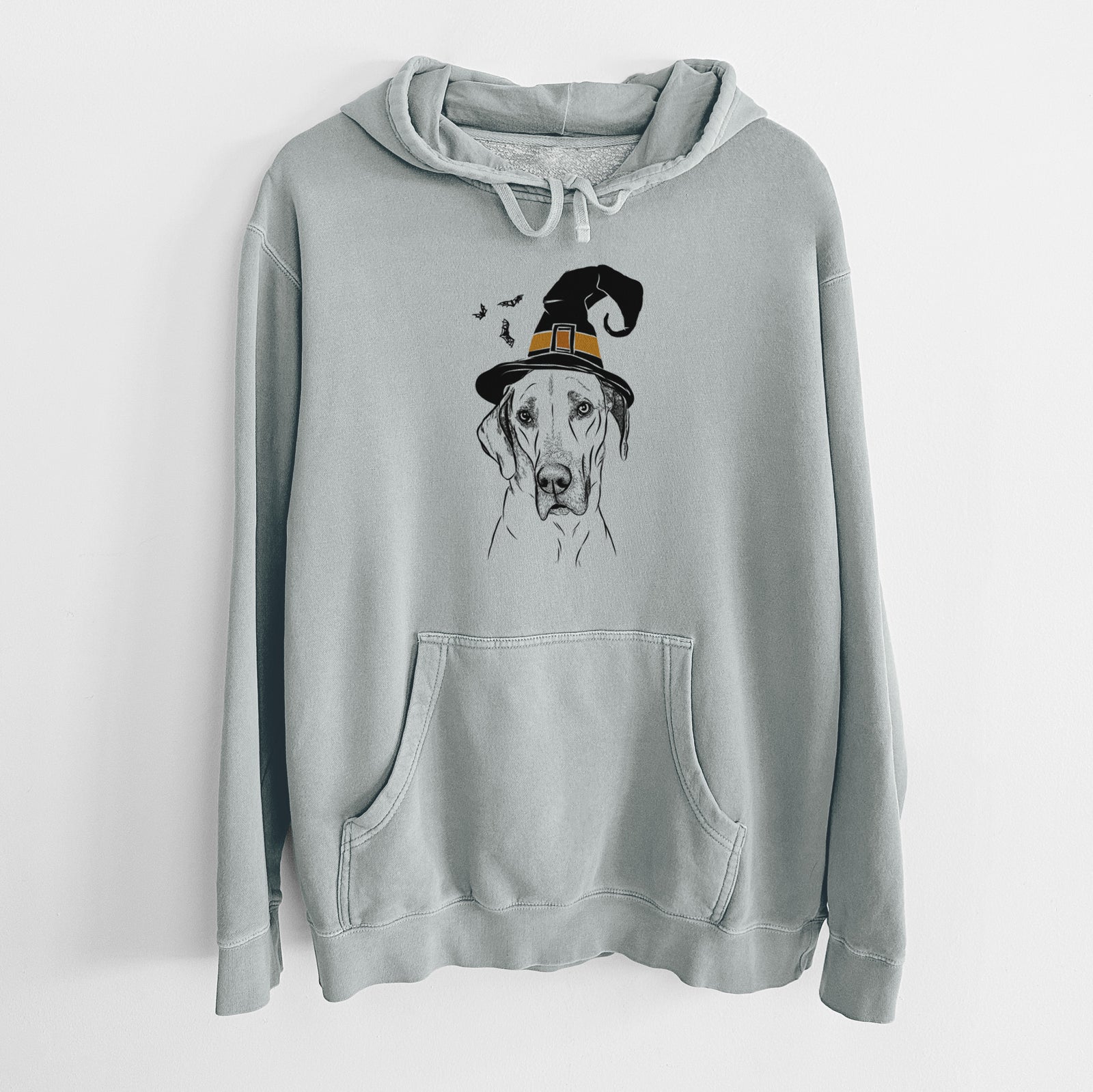 Hand-drawn sketch of Gracie the Great Dane wearing a witch hat on a Sage Unisex pigment dyed hoodie