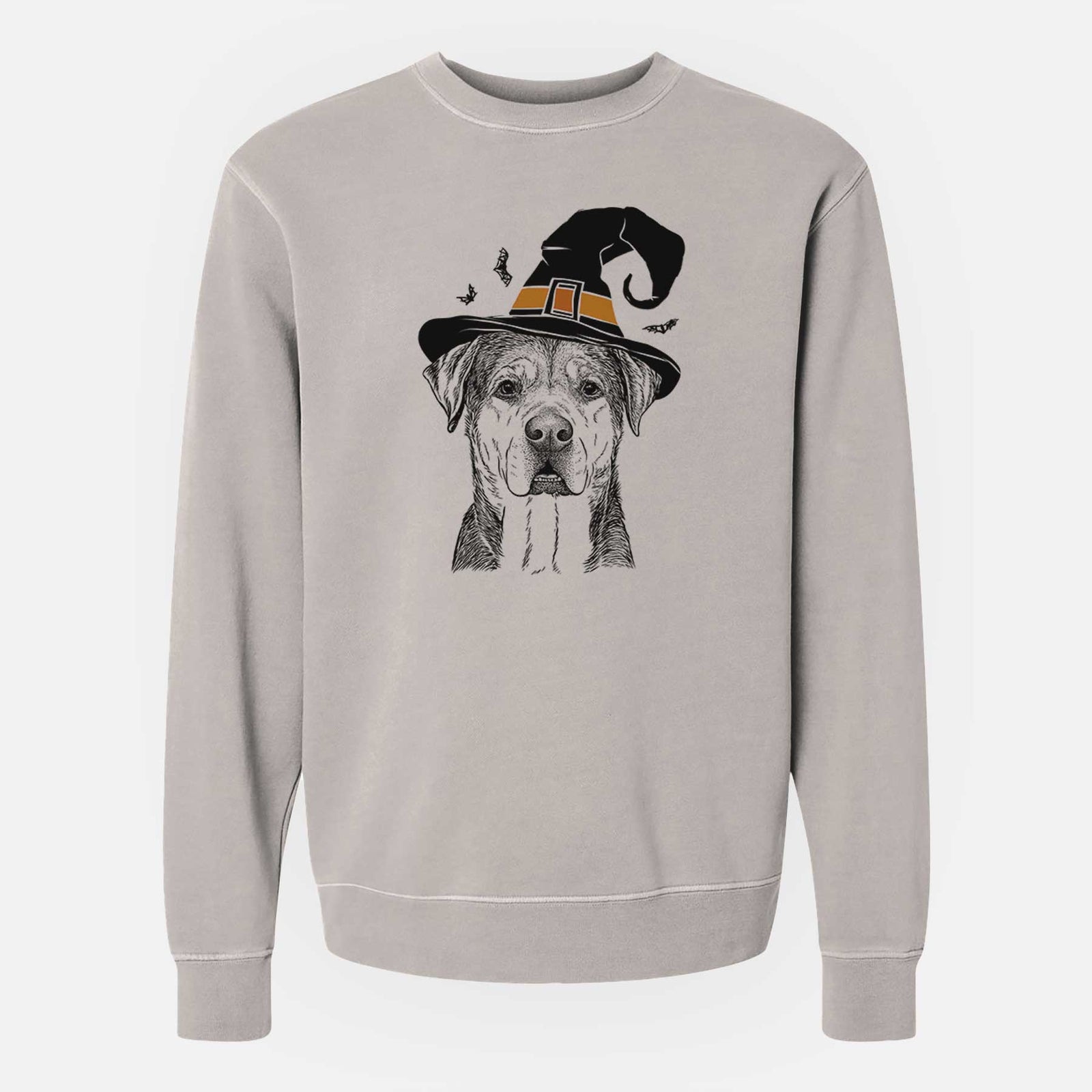 Hand-drawn sketch of Gus the Rottweiler Mix wearing a witch hat on a Cement Unisex pigment dyed crew sweatshirt
