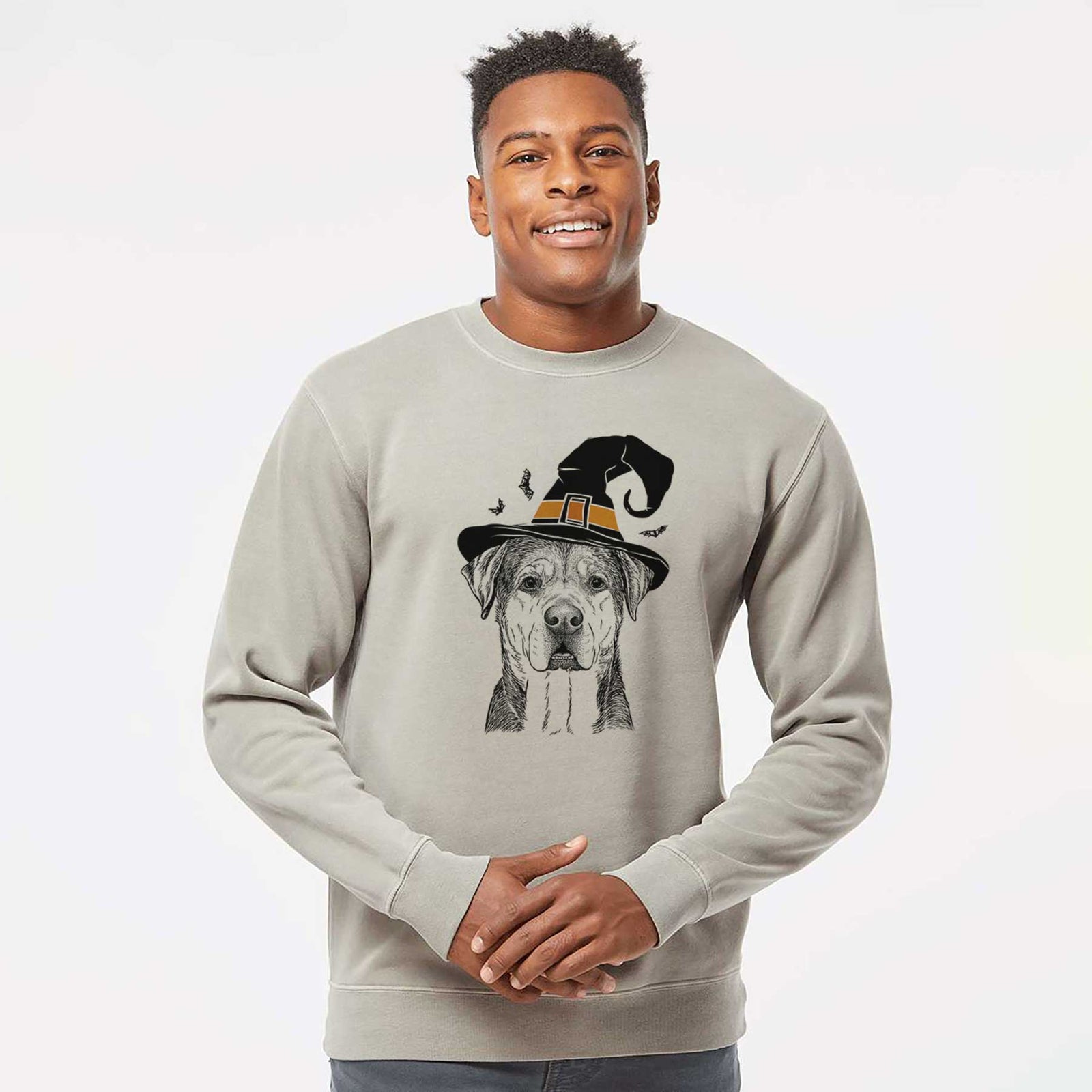 Hand-drawn sketch of Gus the Rottweiler Mix wearing a witch hat on a Cement Unisex pigment dyed crew sweatshirt