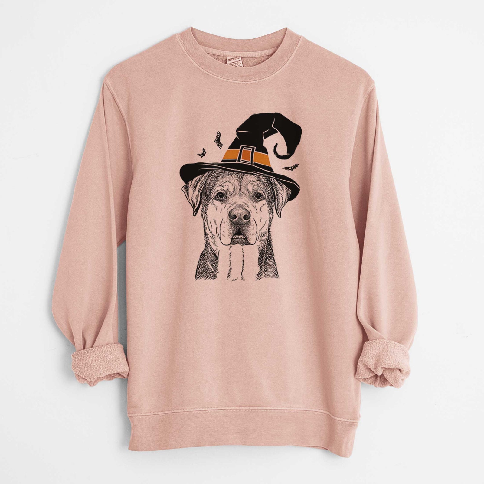 Hand-drawn sketch of Gus the Rottweiler Mix wearing a witch hat on a Dusty Pink Unisex pigment dyed crew sweatshirt