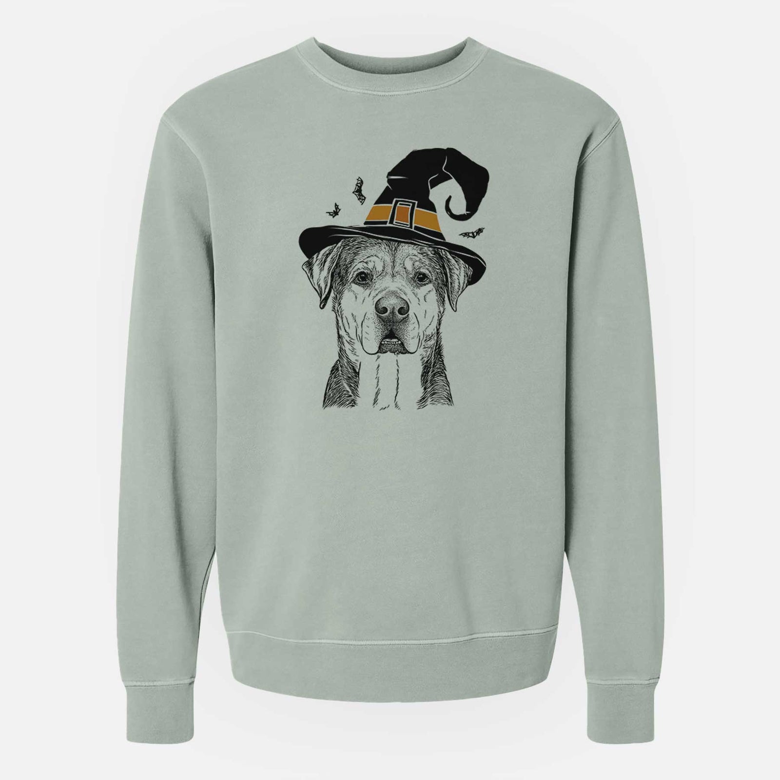 Hand-drawn sketch of Gus the Rottweiler Mix wearing a witch hat on a Sage Unisex pigment dyed crew sweatshirt