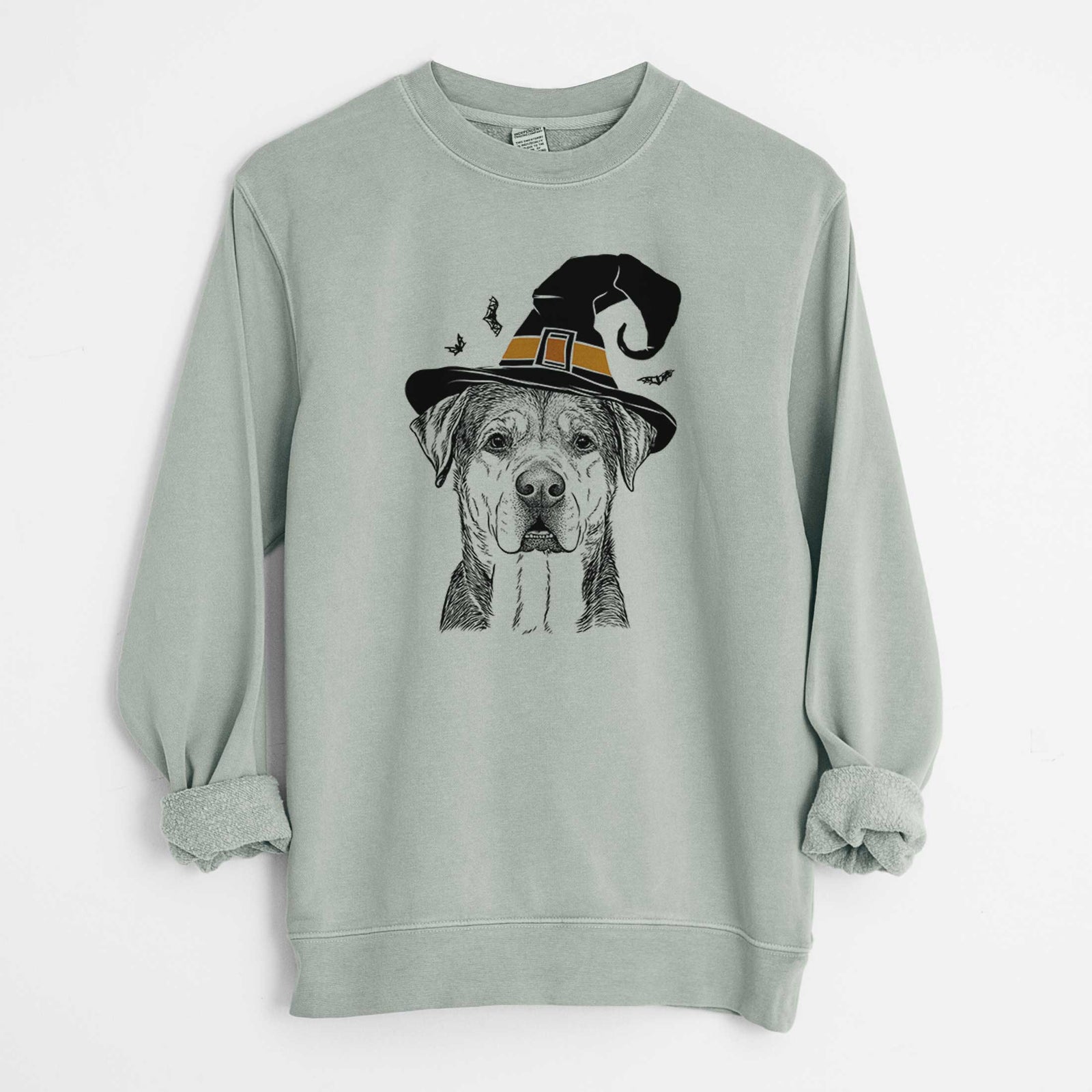 Hand-drawn sketch of Gus the Rottweiler Mix wearing a witch hat on a Sage Unisex pigment dyed crew sweatshirt