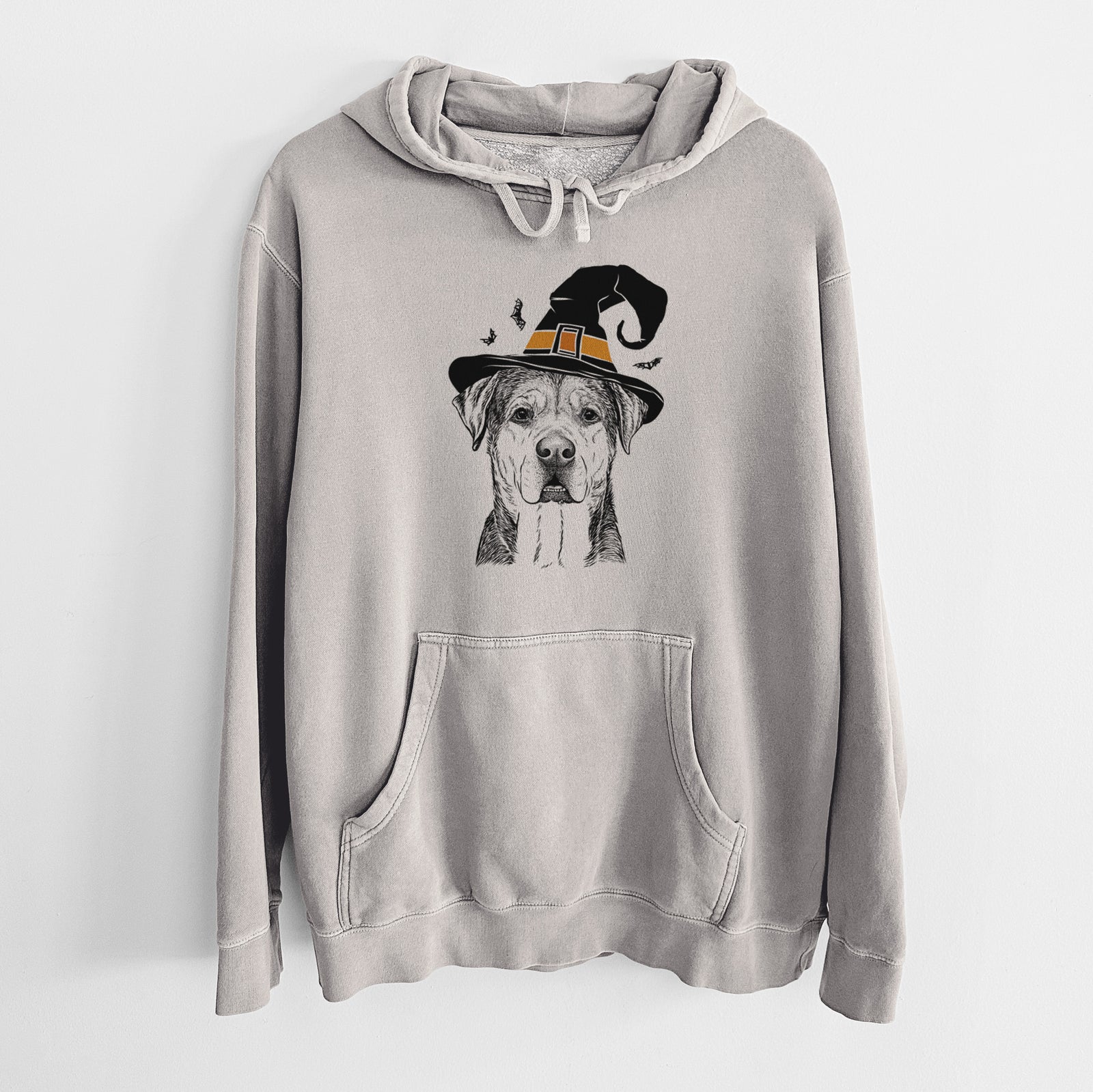 Hand-drawn sketch of Gus the Rottweiler Mix wearing a witch hat on a Cement Unisex pigment dyed hoodie