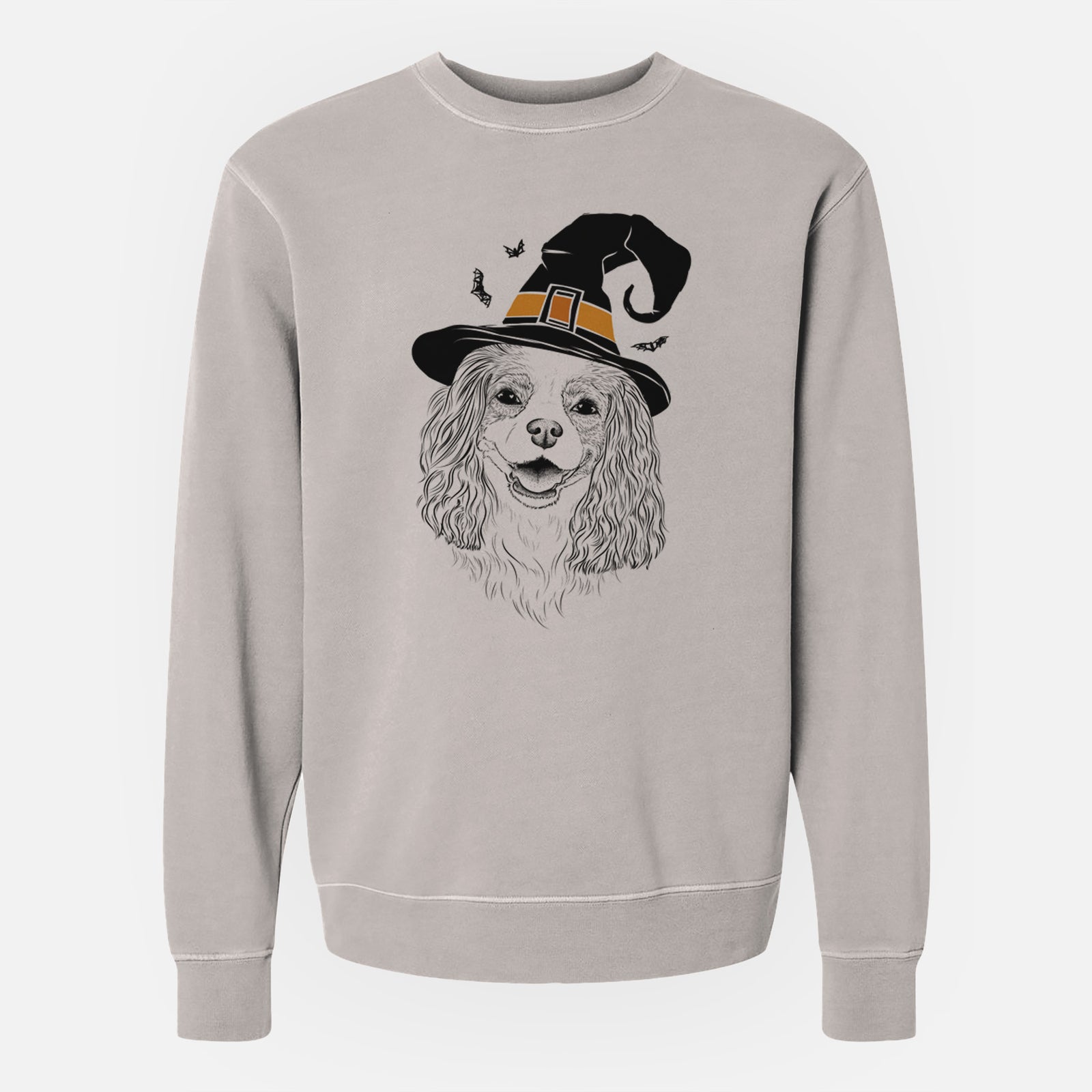 Hand-drawn sketch of Halley Comet the Cavalier King Charles Spaniel wearing a witch hat on a Cement Unisex pigment dyed crew sweatshirt