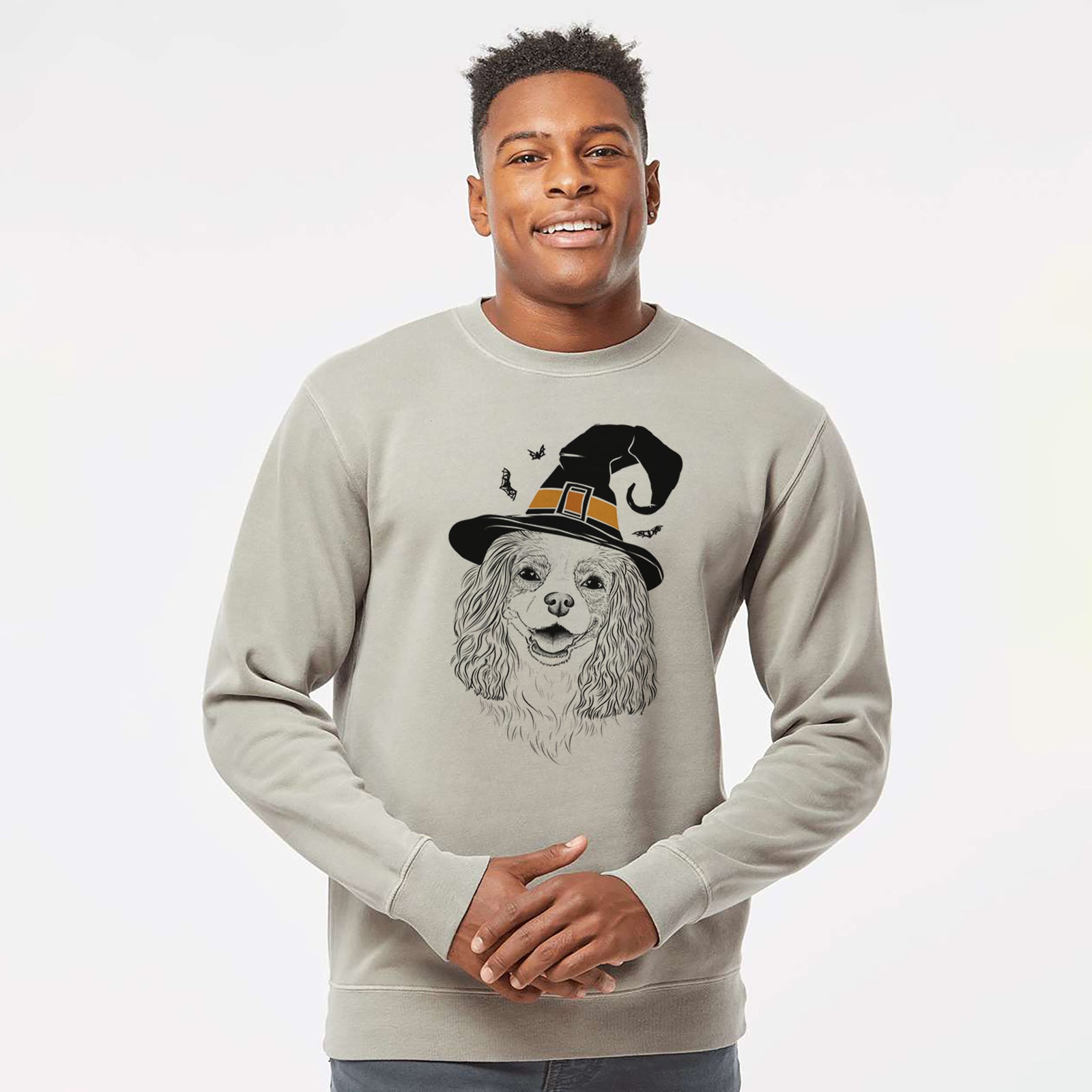 Hand-drawn sketch of Halley Comet the Cavalier King Charles Spaniel wearing a witch hat on a Cement Unisex pigment dyed crew sweatshirt
