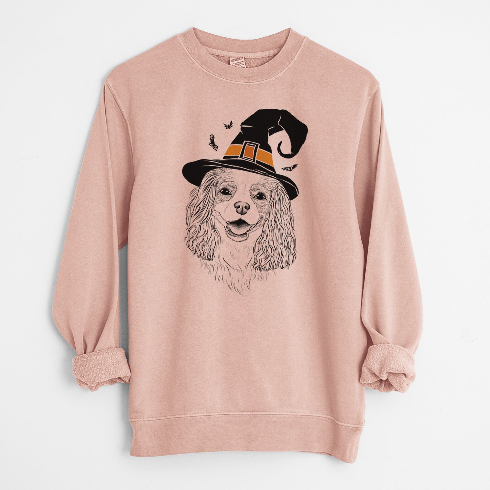 Hand-drawn sketch of Halley Comet the Cavalier King Charles Spaniel wearing a witch hat on a Dusty Pink Unisex pigment dyed crew sweatshirt
