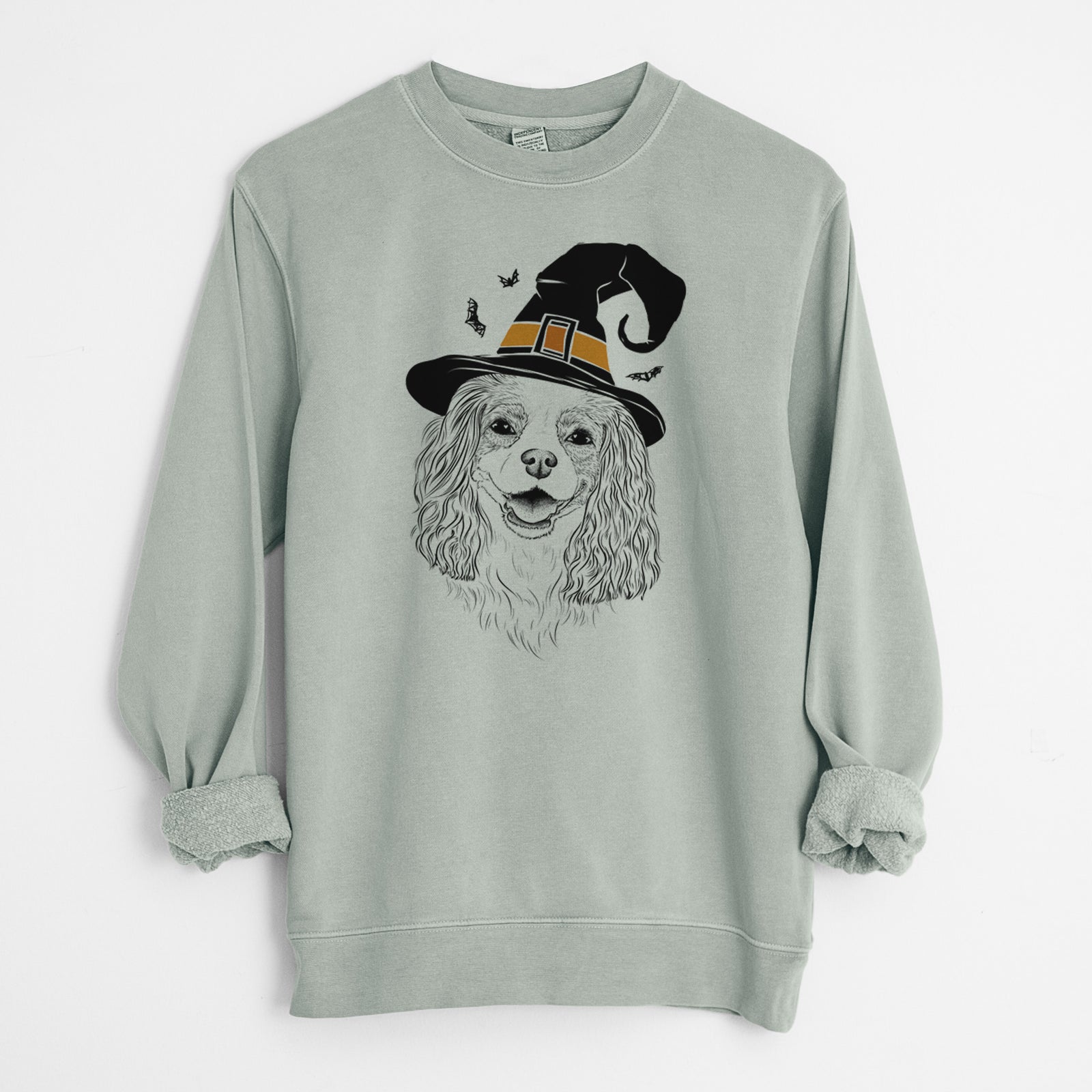 Hand-drawn sketch of Halley Comet the Cavalier King Charles Spaniel wearing a witch hat on a Sage Unisex pigment dyed crew sweatshirt