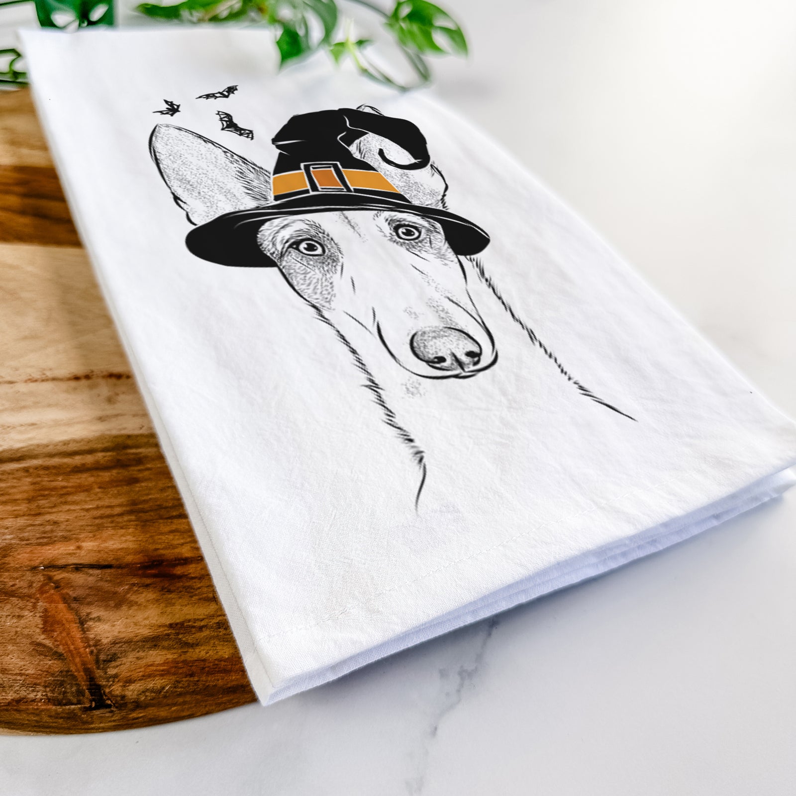 Hand-drawn sketch of Halo the Ibizan Sight Hound wearing a witch hat on a tea towel