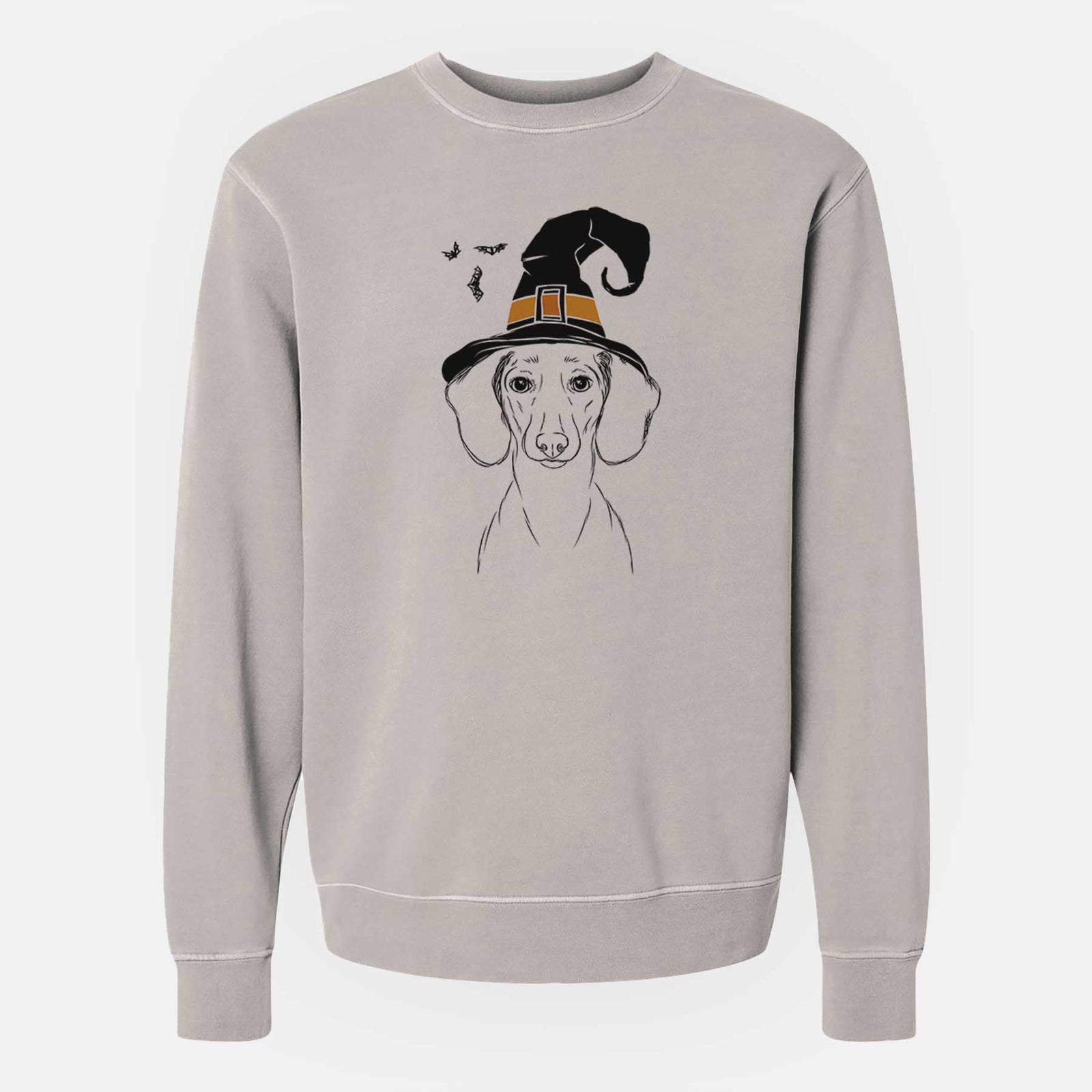 Hand-drawn sketch of Hans the Dachshund wearing a witch hat on a Cement Unisex pigment dyed crew sweatshirt