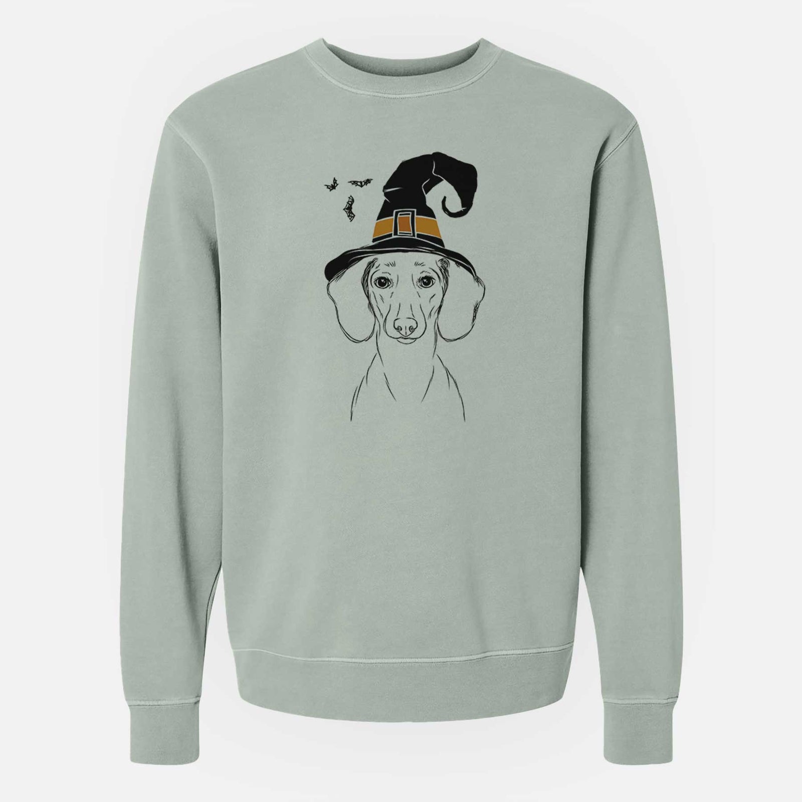 Hand-drawn sketch of Hans the Dachshund wearing a witch hat on a Sage Unisex pigment dyed crew sweatshirt