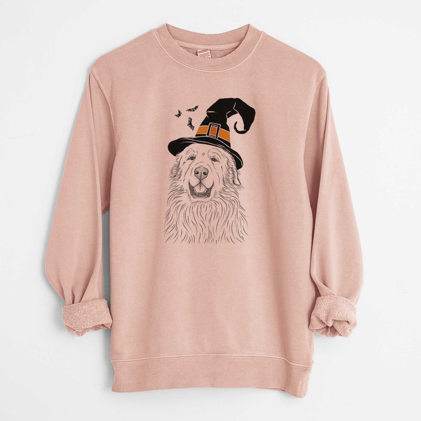 Hand-drawn sketch of Horton the Great Pyrenees wearing a witch hat on a Dusty Pink Unisex pigment dyed crew sweatshirt