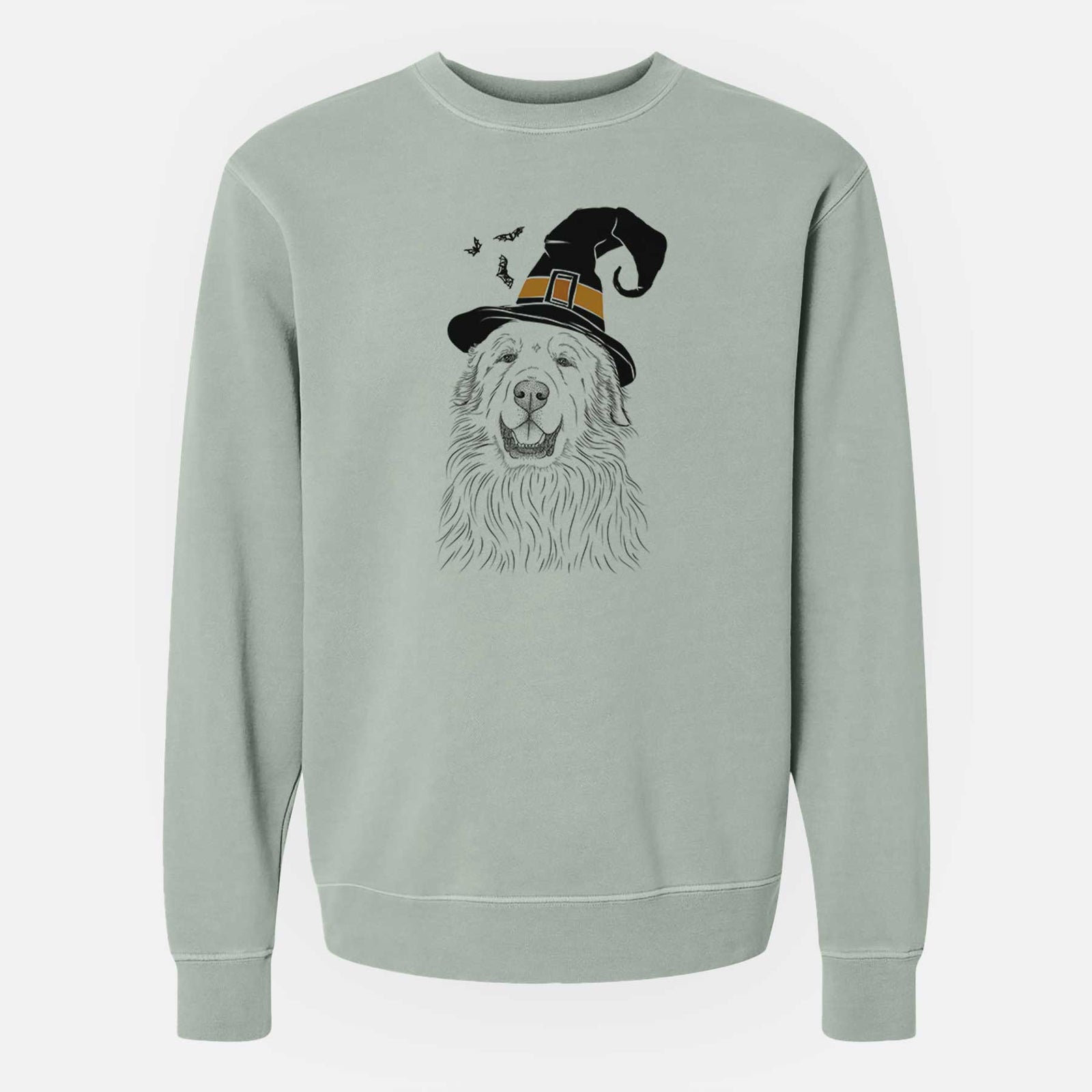 Hand-drawn sketch of Horton the Great Pyrenees wearing a witch hat on a Sage Unisex pigment dyed crew sweatshirt