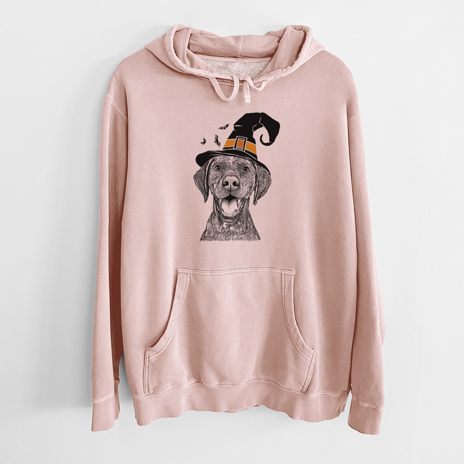 Hand-drawn sketch of Hudson the German Shorthaired Pointer wearing a witch hat on a Dusty Pink Unisex pigment dyed hoodie
