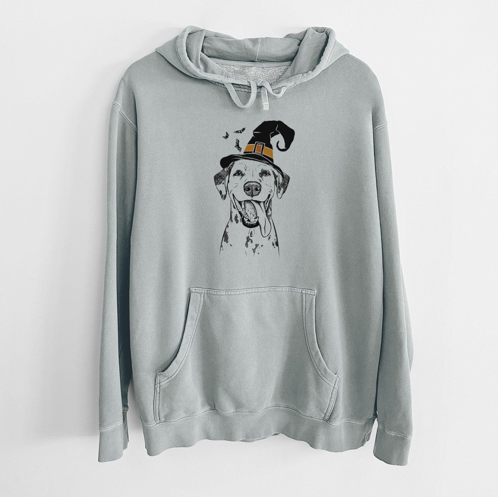 Hand-drawn sketch of Hydro the Dalmatian wearing a witch hat on a Sage Unisex pigment dyed hoodie