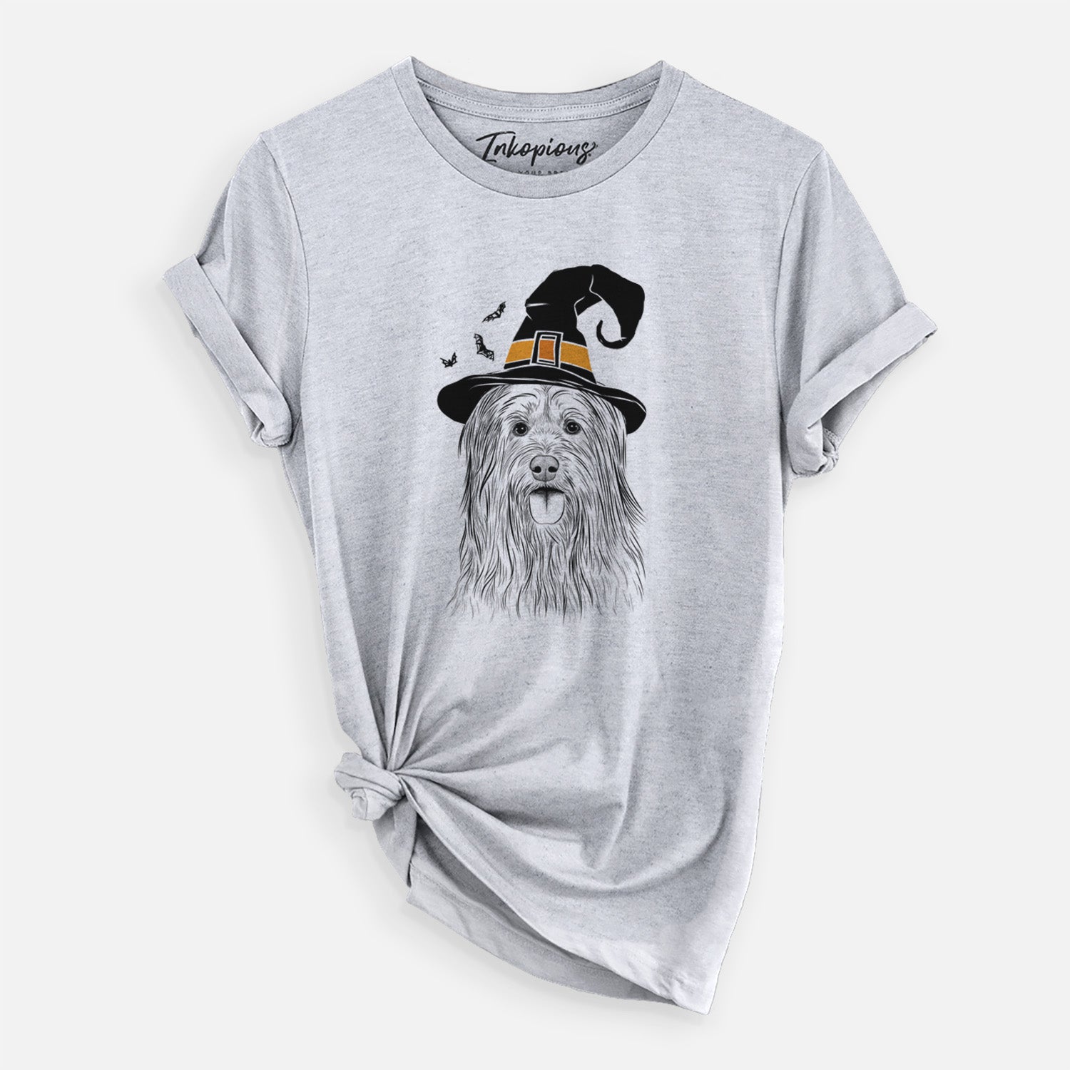 Hand-drawn sketch of Indy the Korean Sapsali wearing a witch hat on a Grey Unisex crewneck