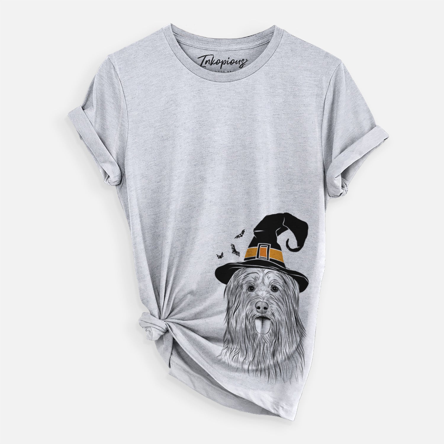 Hand-drawn sketch of Indy the Korean Sapsali wearing a witch hat on a Grey Unisex crewneck