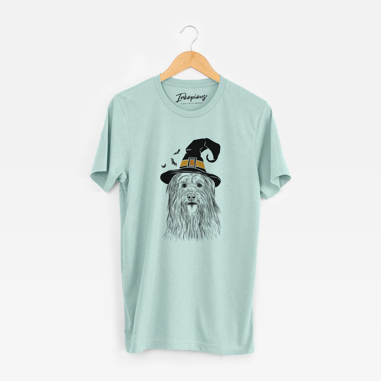 Hand-drawn sketch of Indy the Korean Sapsali wearing a witch hat on a Heather Sage Unisex crewneck