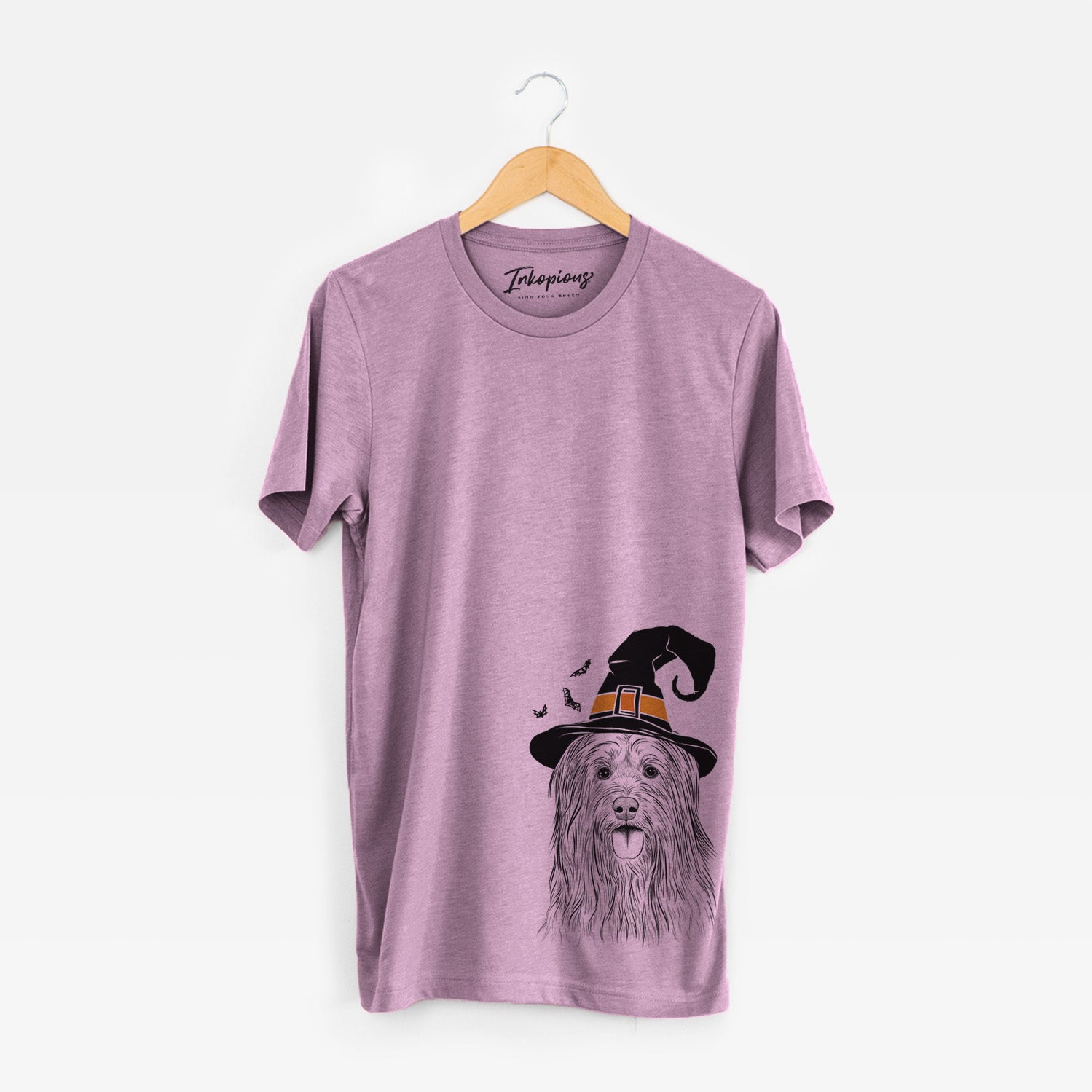 Hand-drawn sketch of Indy the Korean Sapsali wearing a witch hat on an Orchid Unisex crewneck