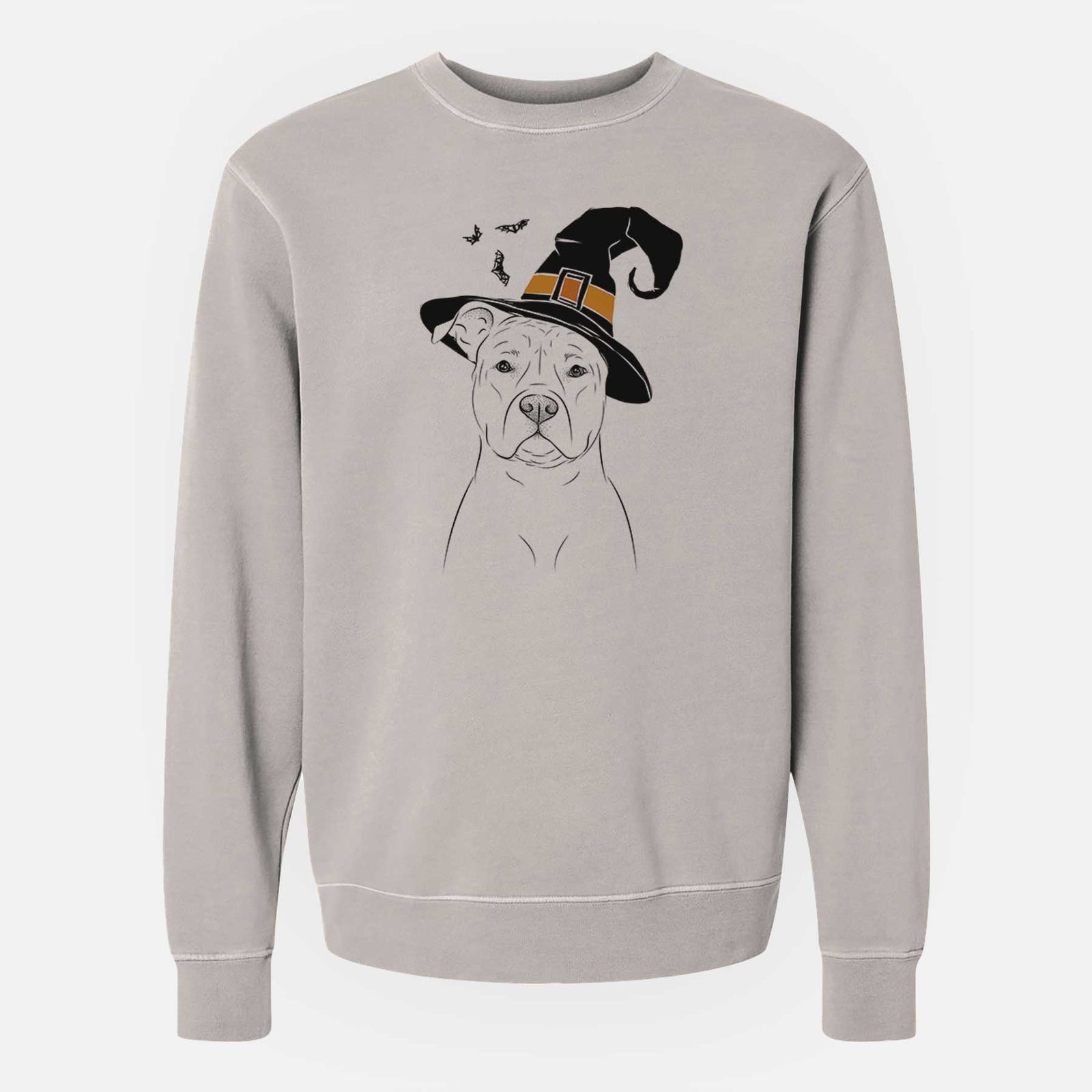 Hand-drawn sketch of Jethro the American Staffordshire Terrier wearing a witch hat on a Cement Unisex pigment dyed crew sweatshirt