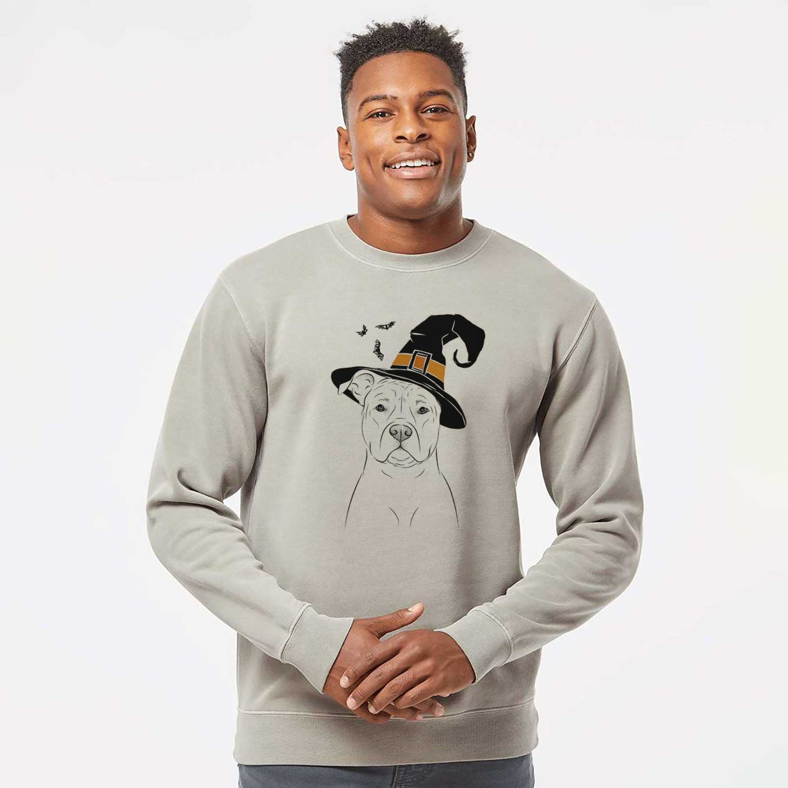 Hand-drawn sketch of Jethro the American Staffordshire Terrier wearing a witch hat on a Cement Unisex pigment dyed crew sweatshirt