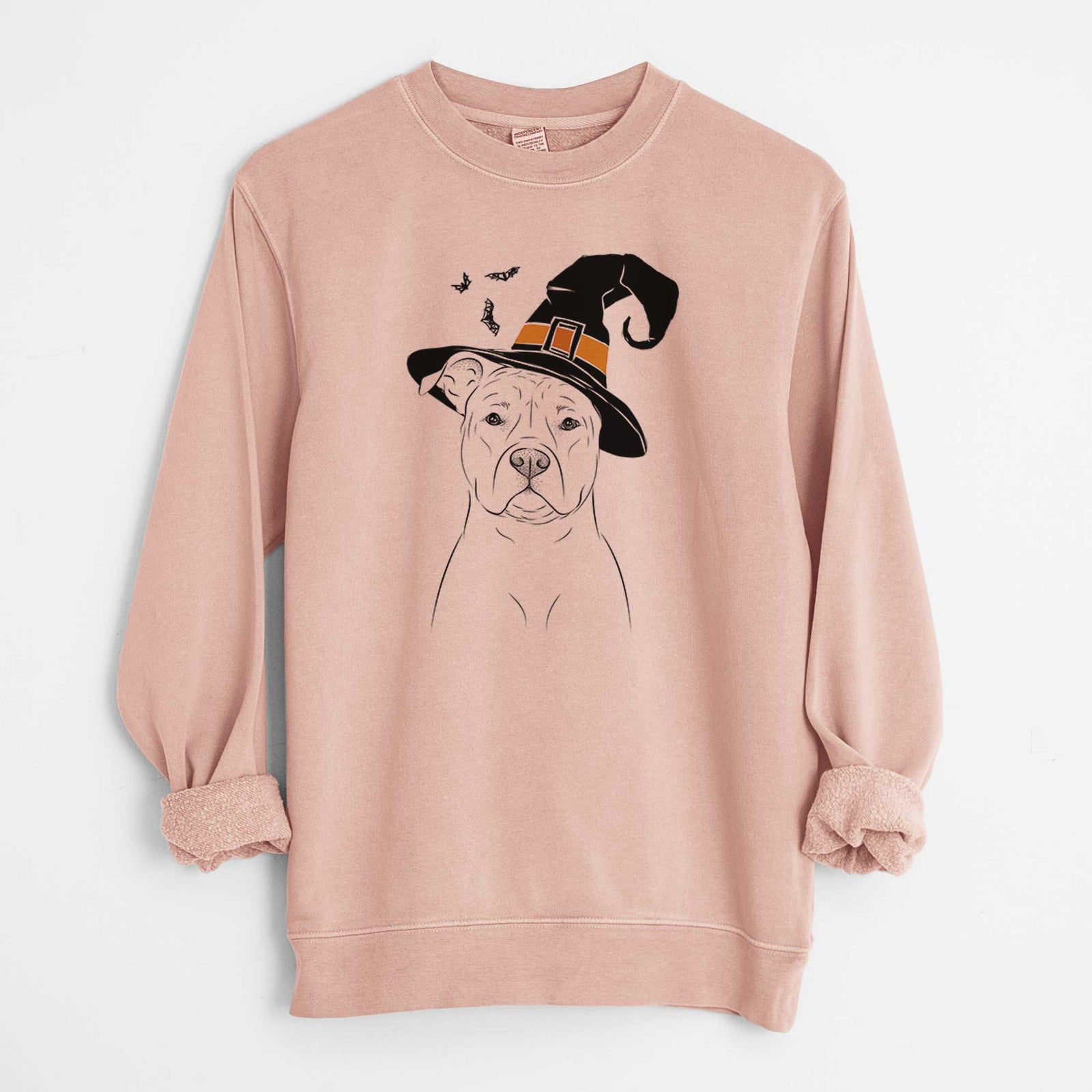 Hand-drawn sketch of Jethro the American Staffordshire Terrier wearing a witch hat on a Dusty Pink Unisex pigment dyed crew sweatshirt