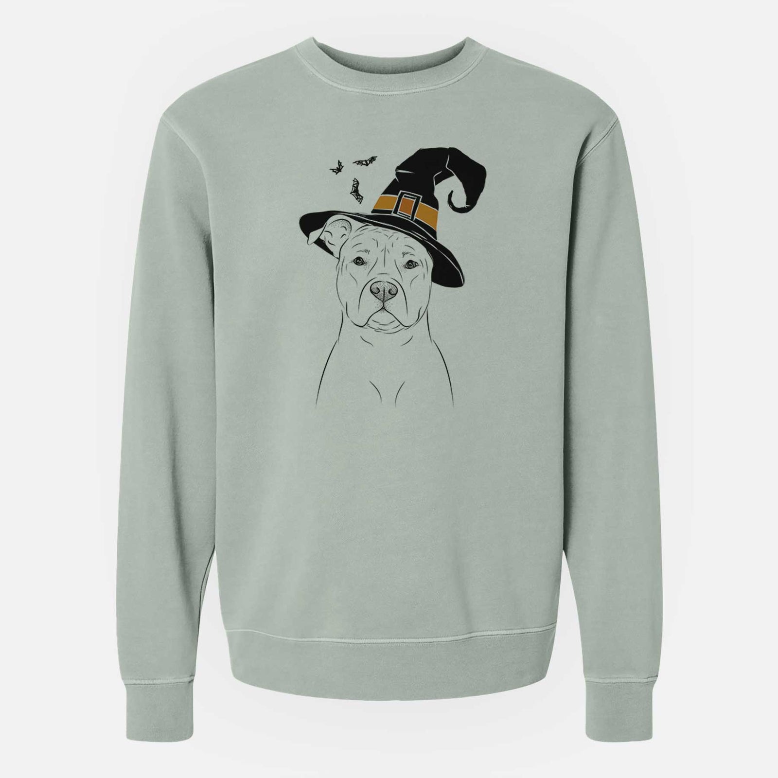 Hand-drawn sketch of Jethro the American Staffordshire Terrier wearing a witch hat on a Sage Unisex pigment dyed crew sweatshirt