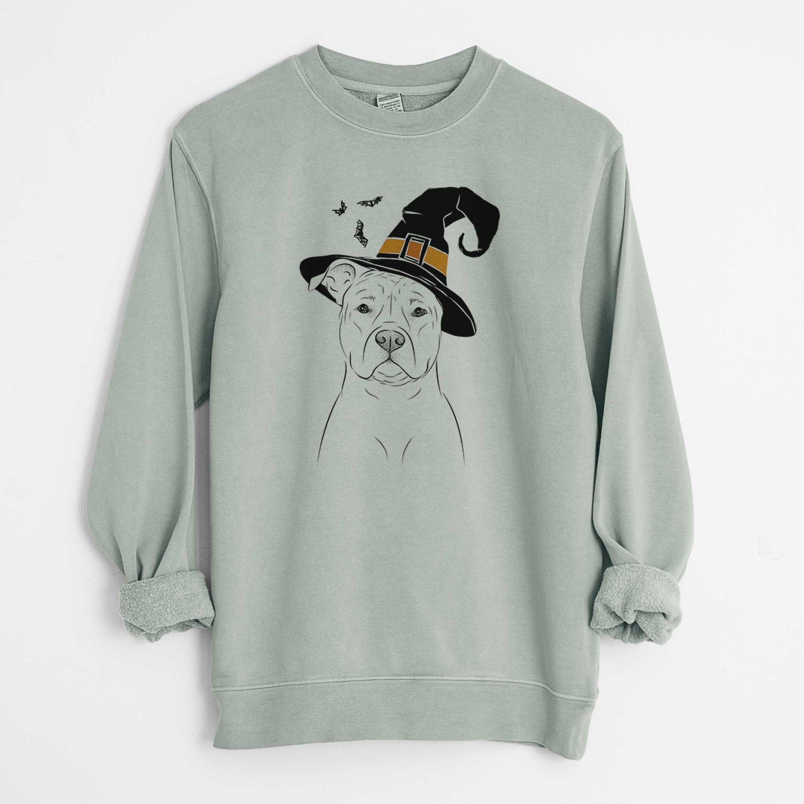 Hand-drawn sketch of Jethro the American Staffordshire Terrier wearing a witch hat on a Sage Unisex pigment dyed crew sweatshirt